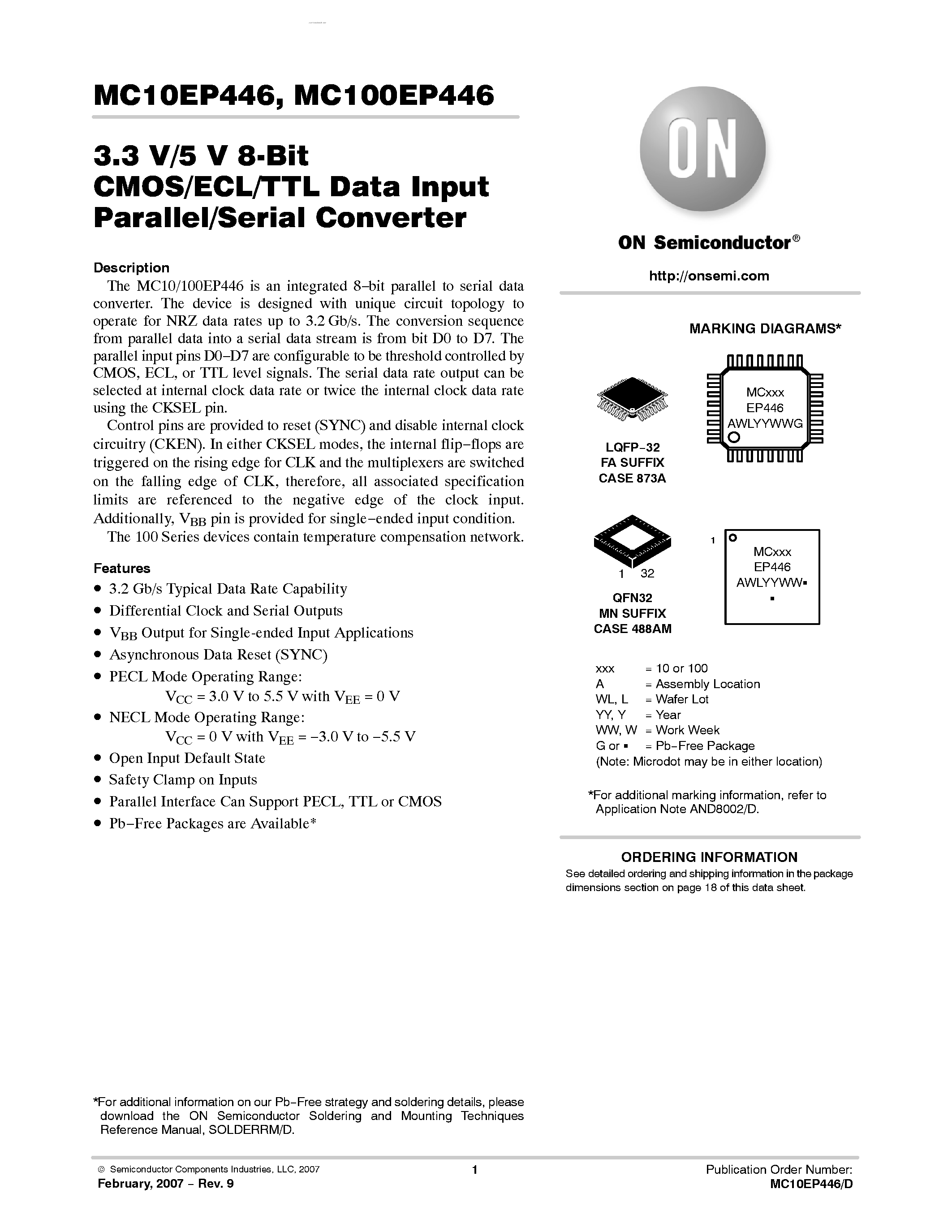 Datasheet MC100EP446 - 3.3 V/5 V 8-Bit CMOS/ECL/TTL Data Input Parallel/Serial Converter page 1