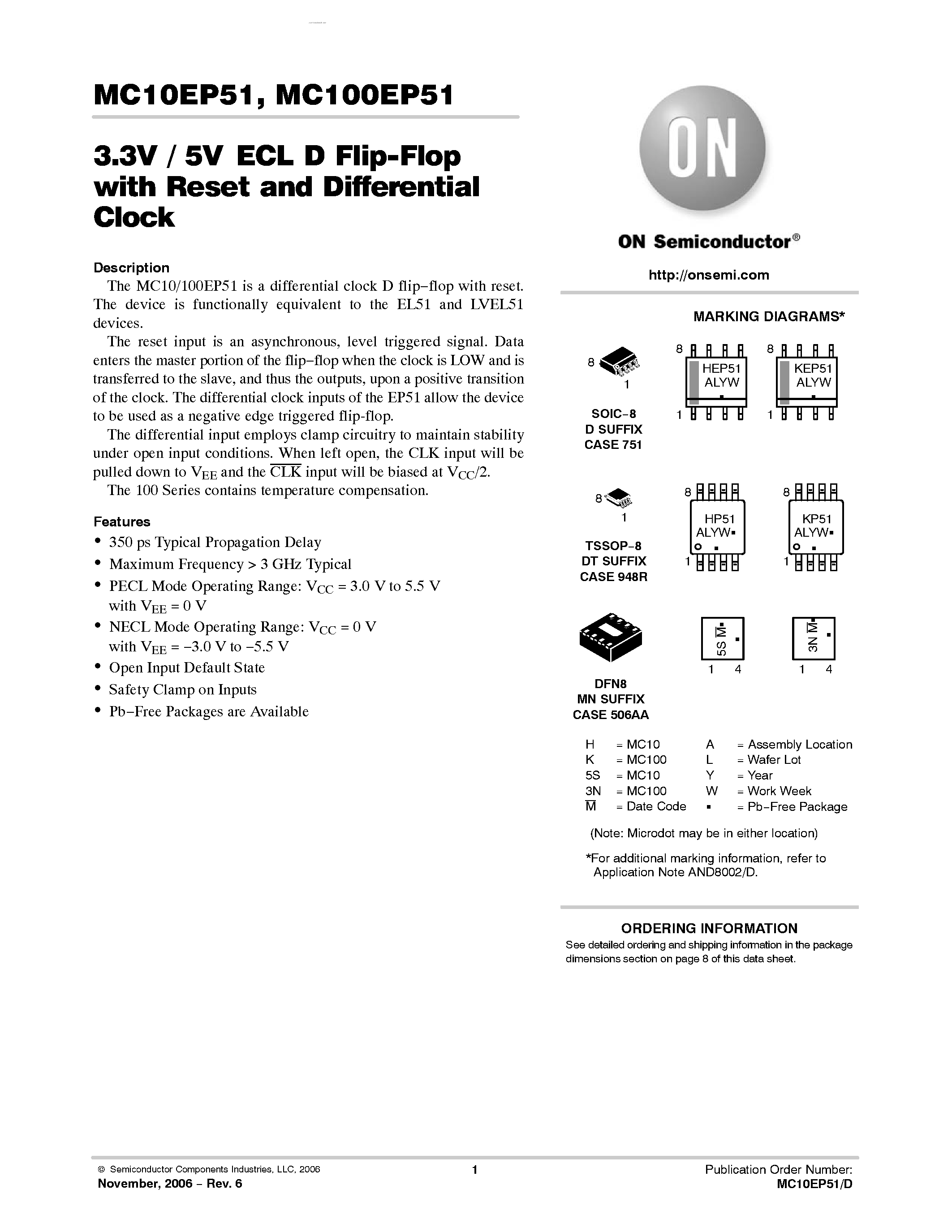 Datasheet MC100EP51 - 3.3V / 5V ECL D Flip-Flop page 1