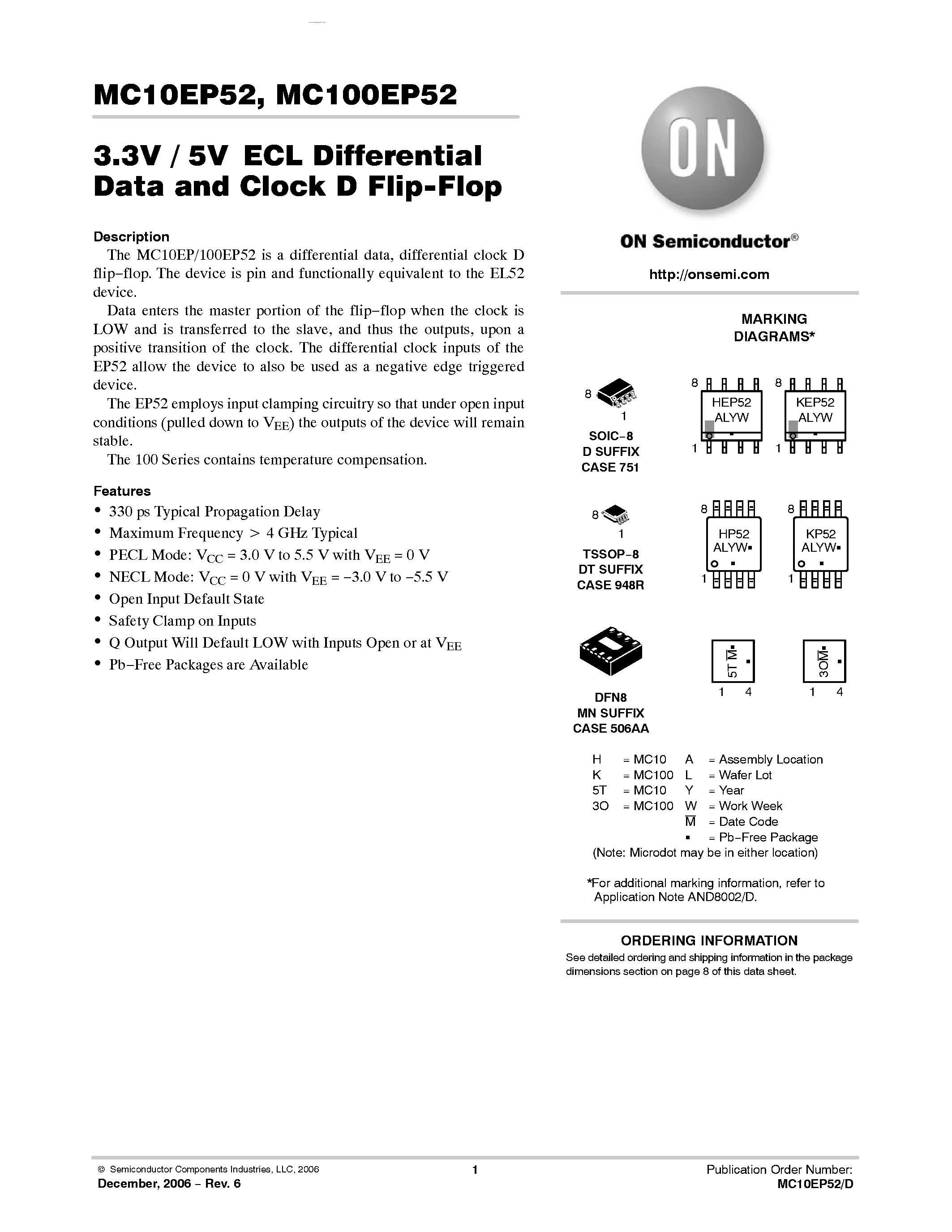 Datasheet MC100EP52 - 3.3V / 5V ECL Differential Data and Clock D Flip-Flop page 1