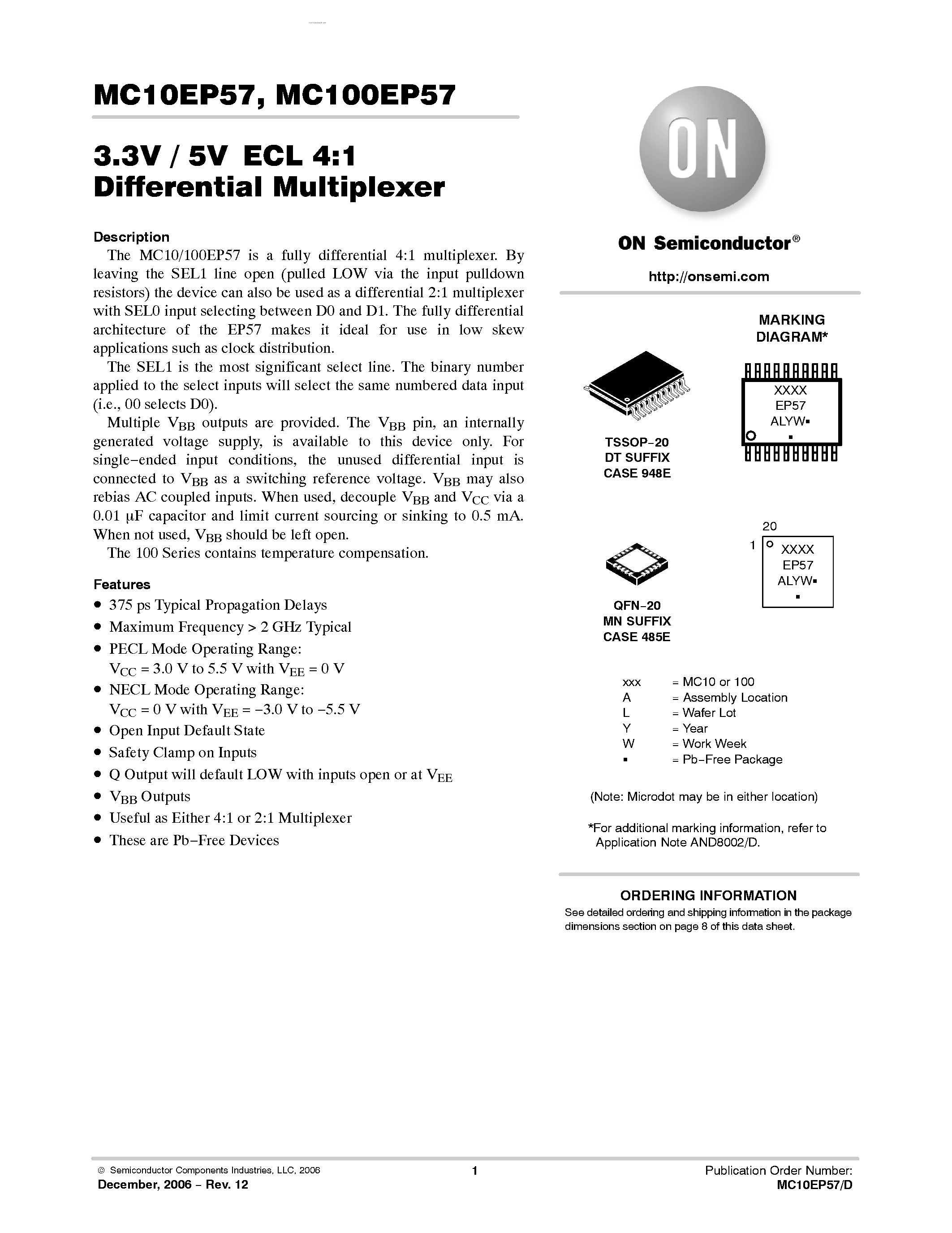 Datasheet MC100EP57 - 3.3V / 5V ECL 4:1 Differential Multiplexer page 1