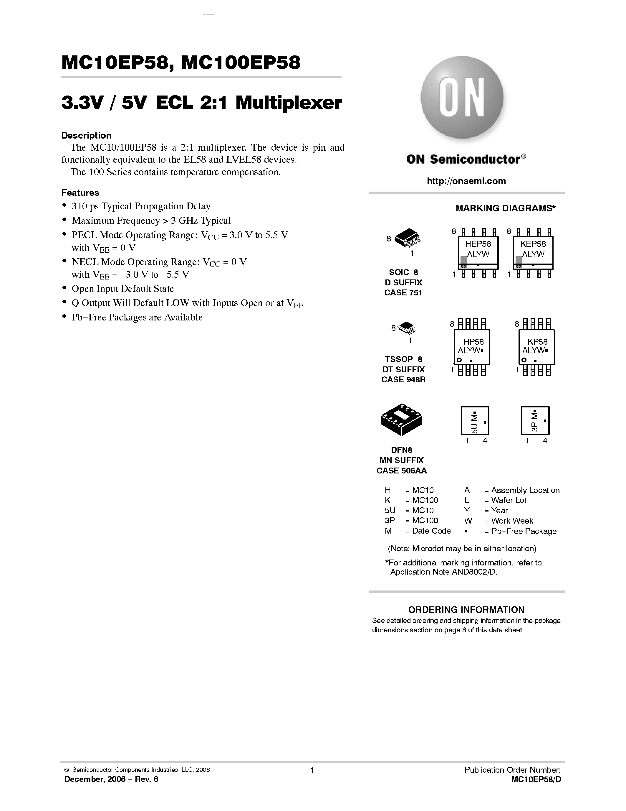 Datasheet MC100EP58 - 3.3V / 5V ECL 2:1 Multiplexer page 1