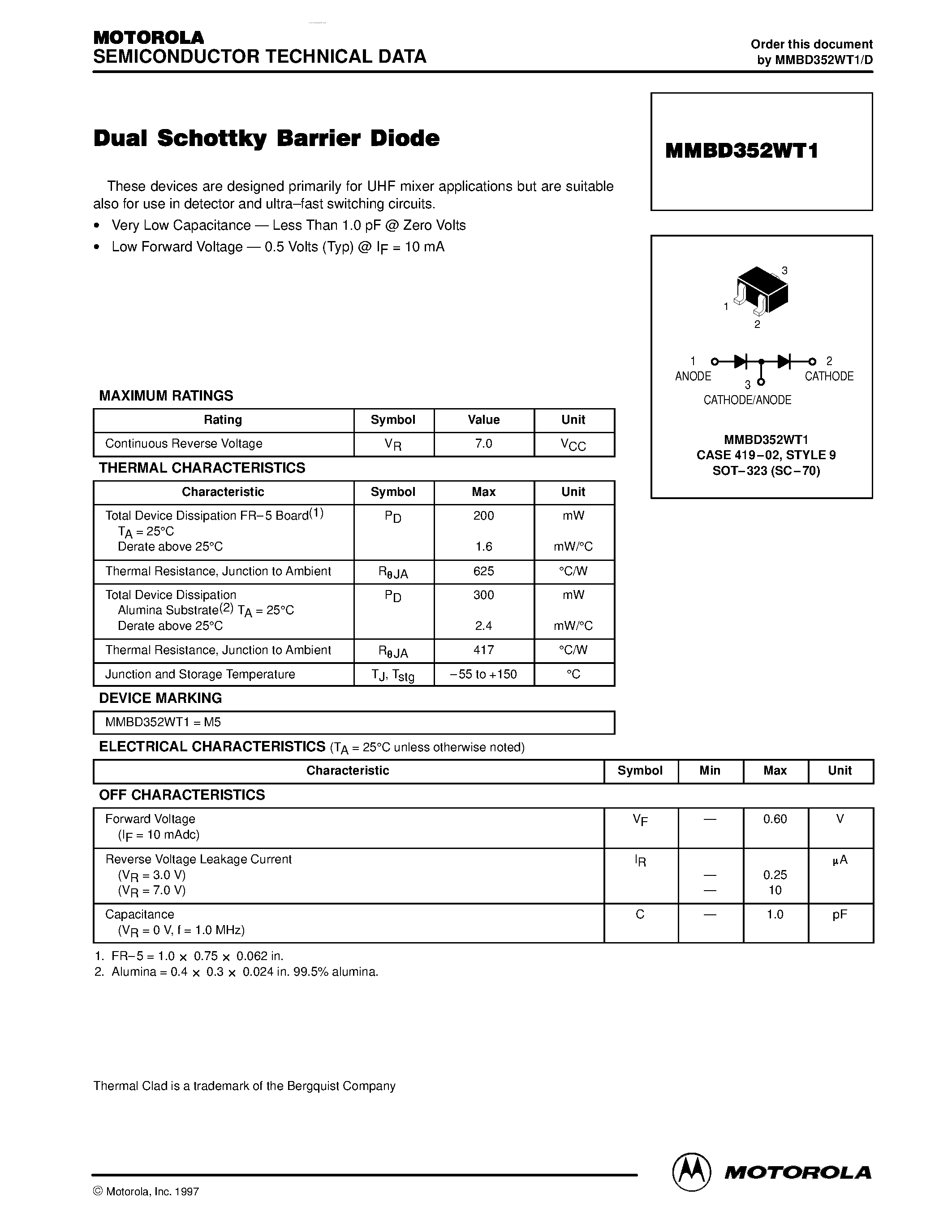 Даташит MMBD352WT1 - Dual Schottky Barrier Diode страница 1