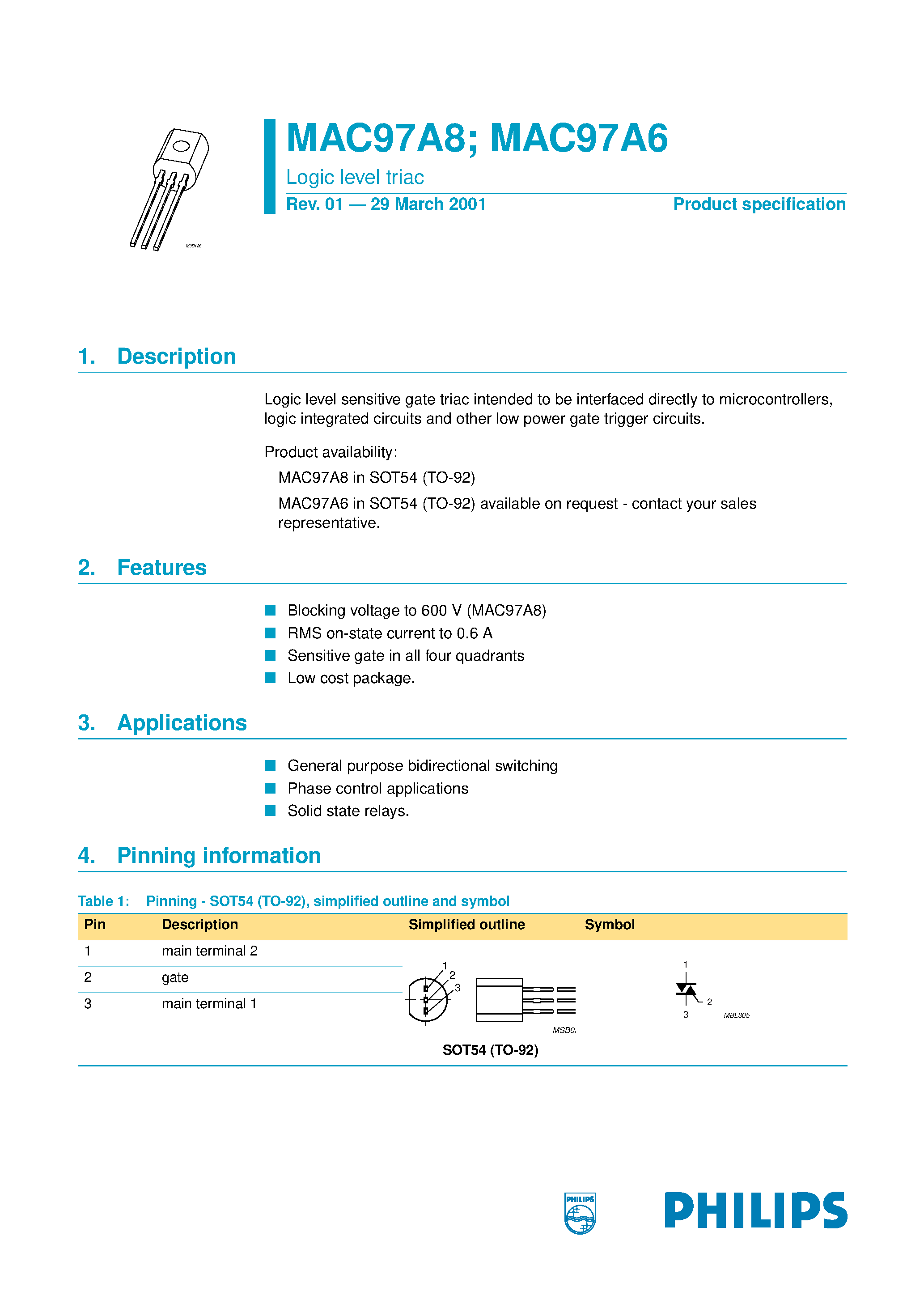 Даташит MAC97A6 - (MAC97A6 / MAC97A8) Logic level triac страница 1