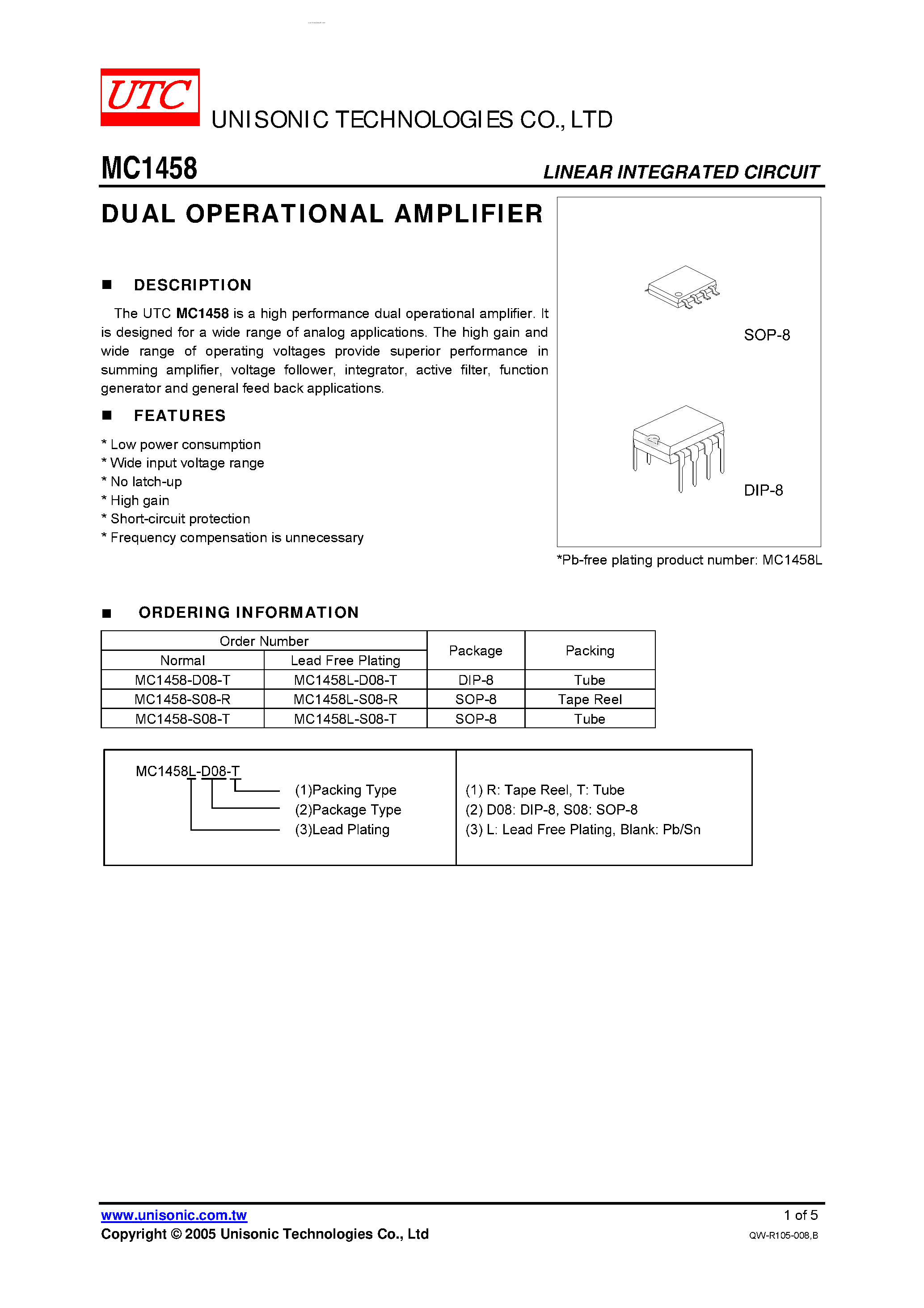 Даташит MC1458 - DUAL OPERATIONAL AMPLIFIER страница 1