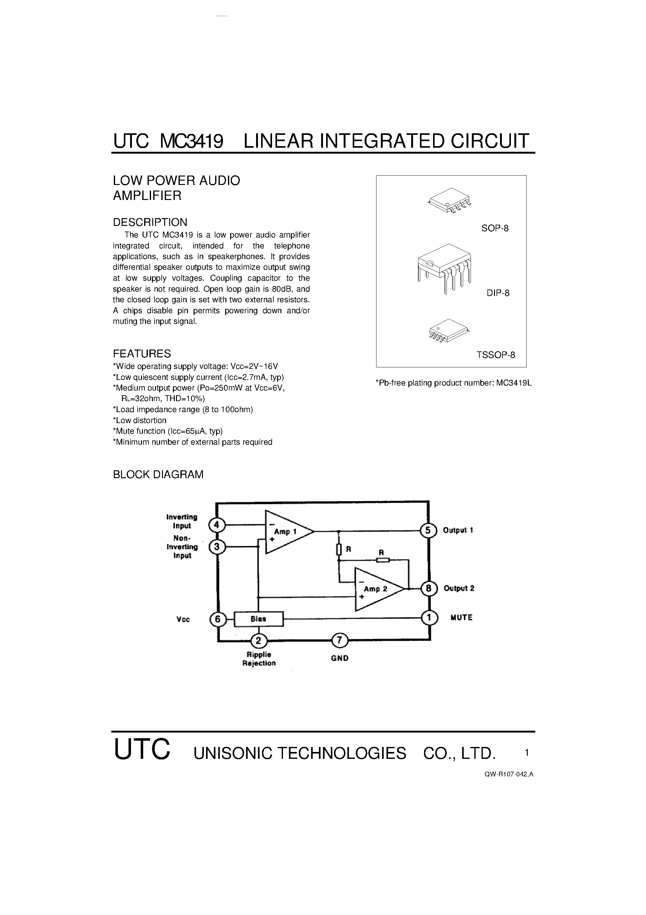 Даташит MC3419 - LOW POWER AUDIO AMPLIFIER страница 1