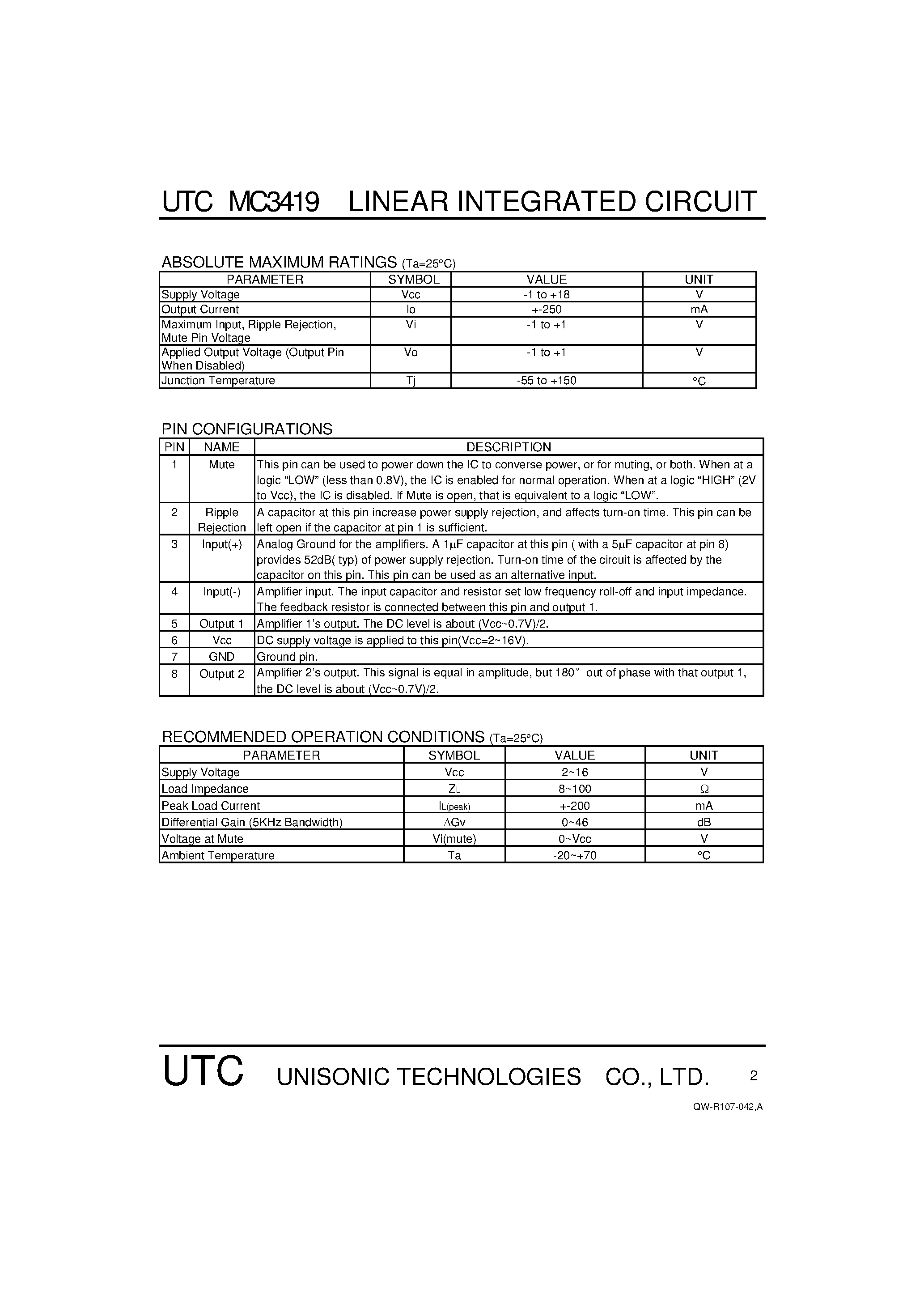 Даташит MC3419 - LOW POWER AUDIO AMPLIFIER страница 2