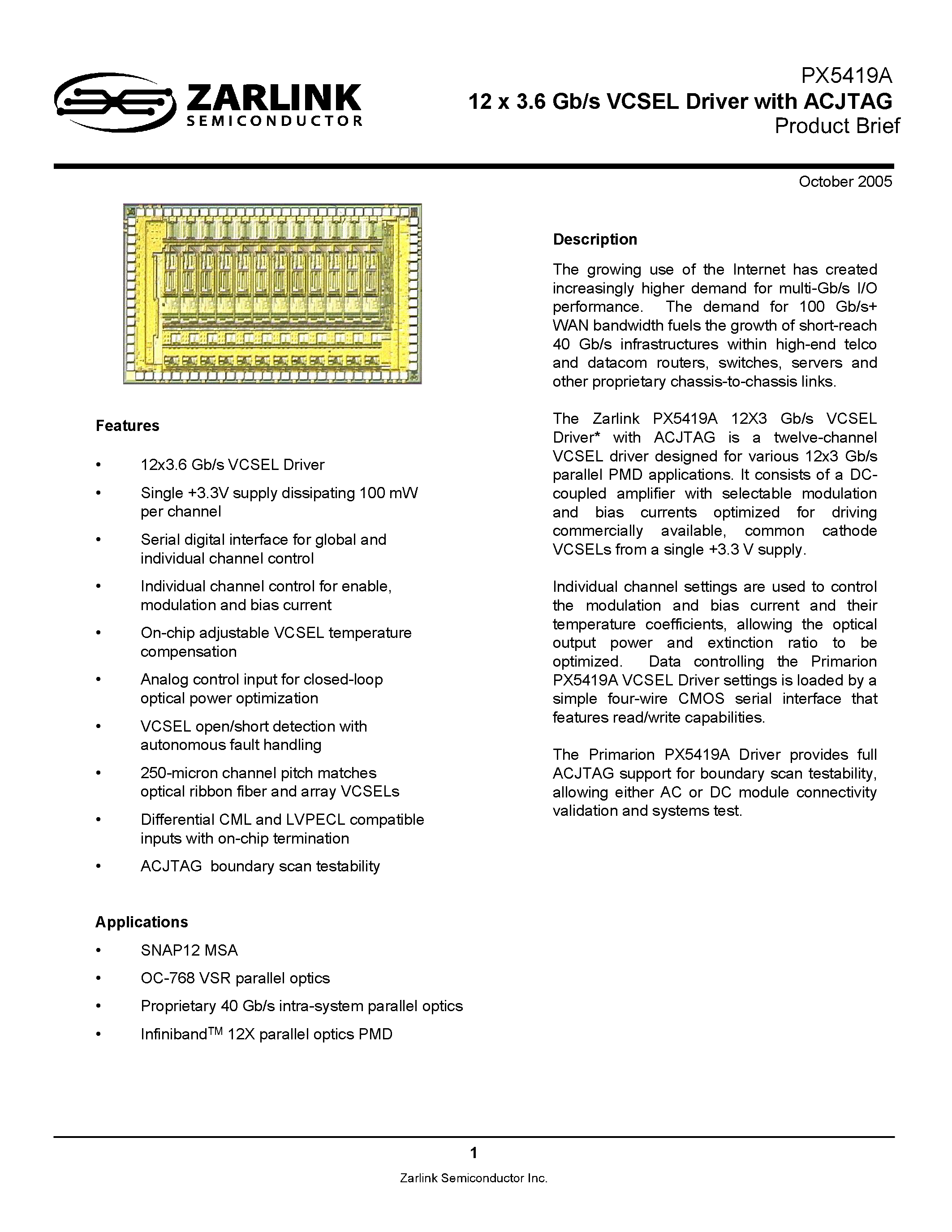 Даташит PX5419A - 12 x 3.6 Gb/s VCSEL Driver страница 1