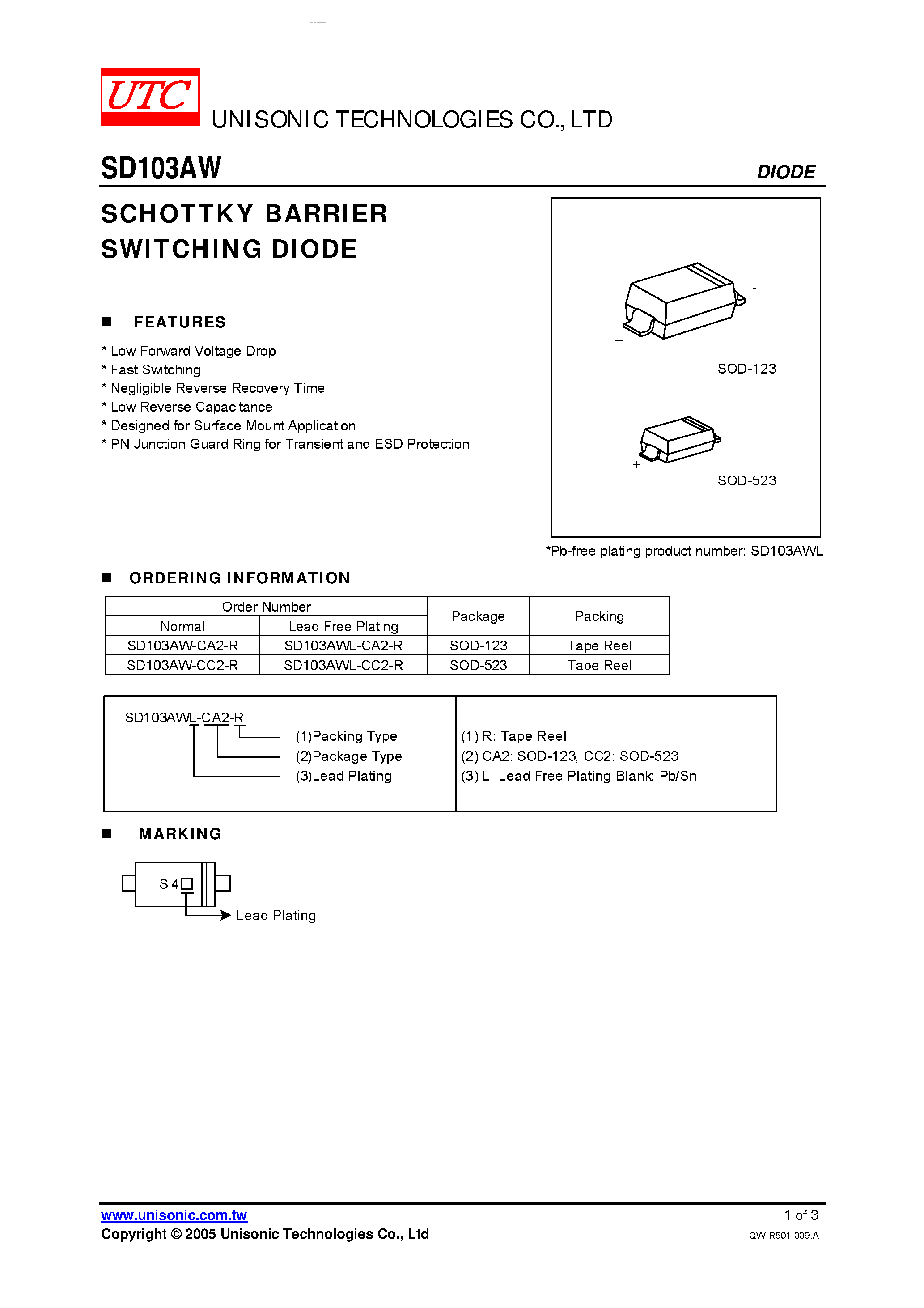 Datasheet SD103AW - SCHOTTKY BARRIER SWITCHING DIODE page 1