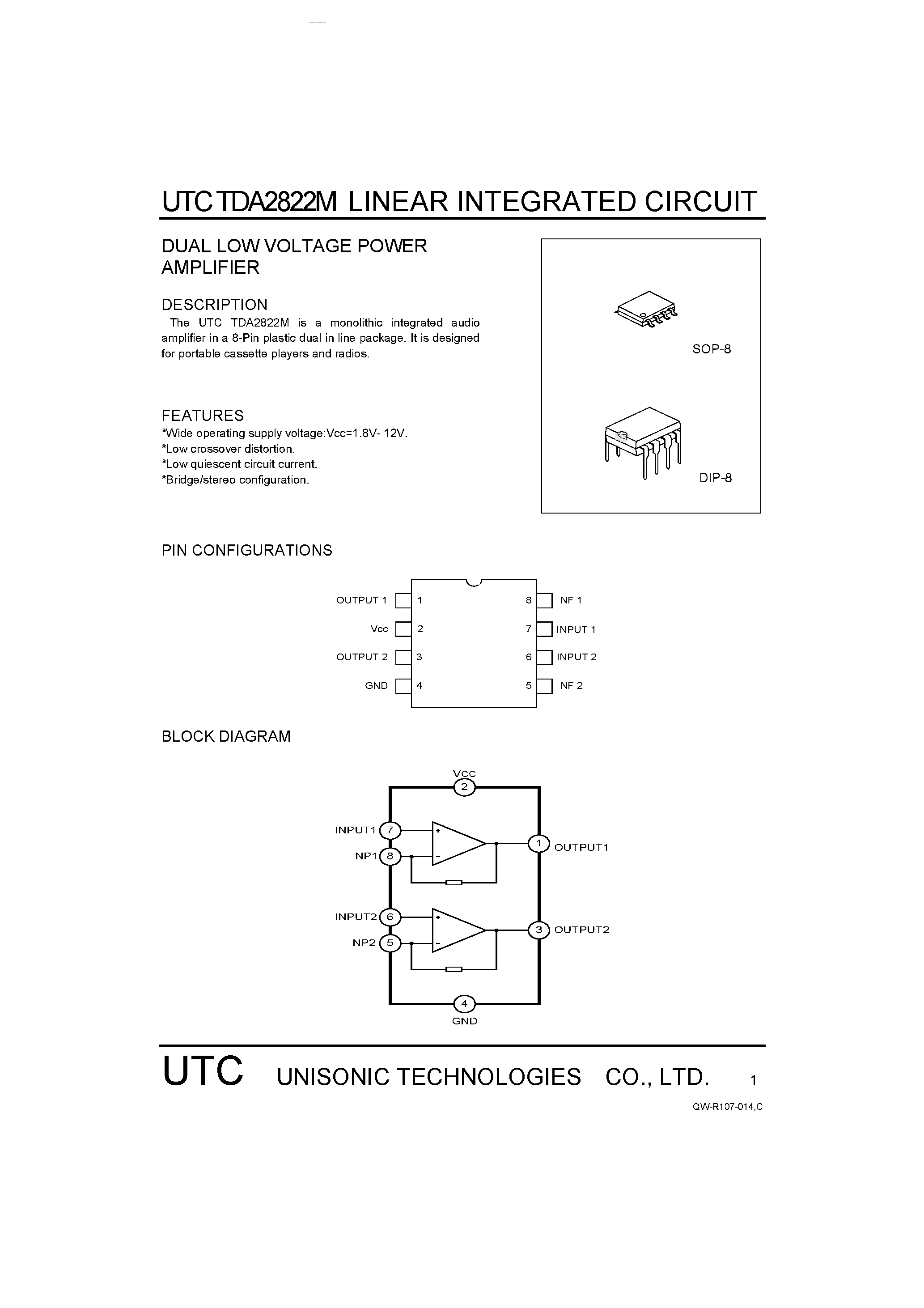 Даташит на микросхему TDA2822M страница 1 Даташит TDA2822M - DUAL LOW VOLTAGE POWER AMPLIFIER страница 1