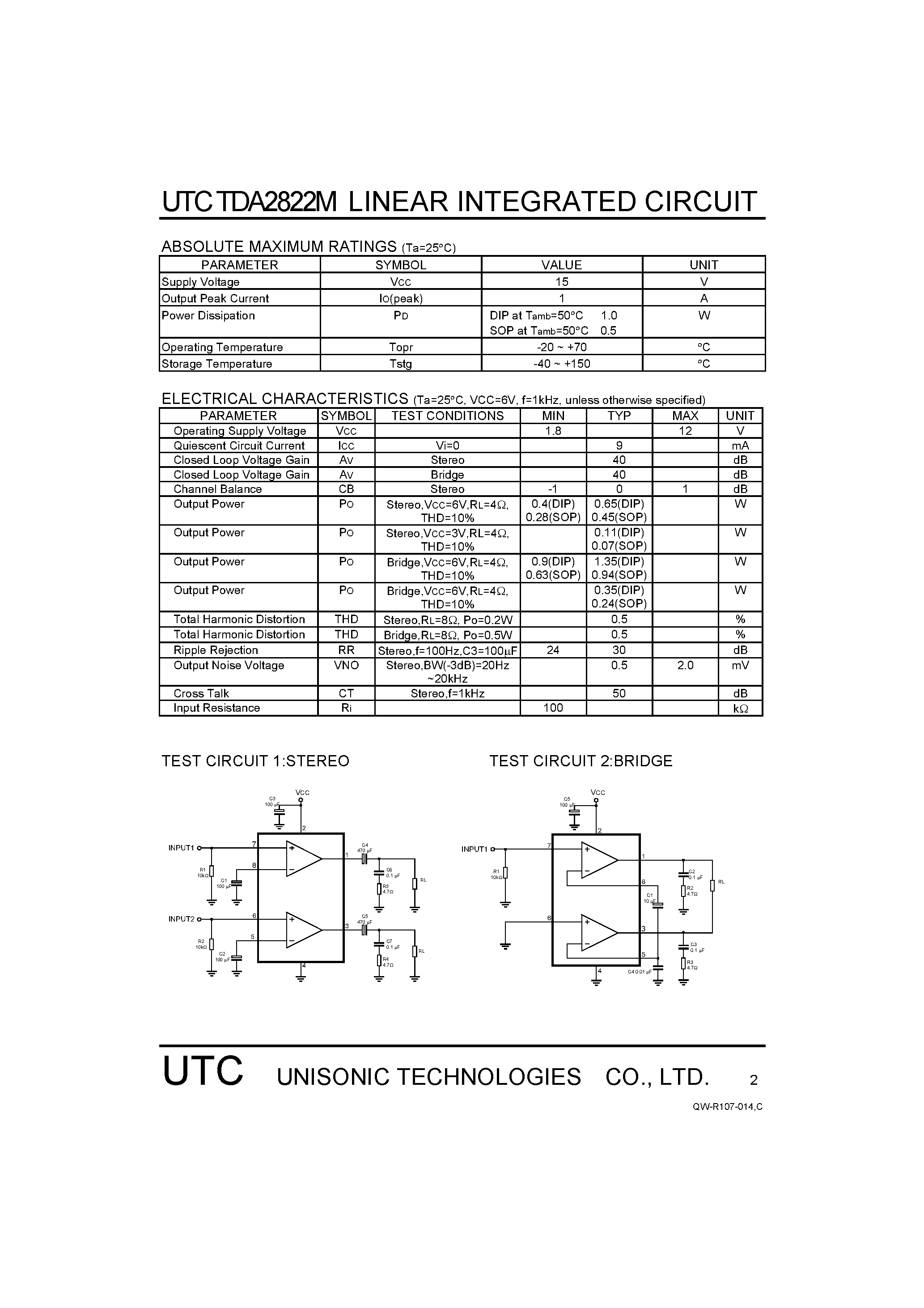 Даташит на микросхему TDA2822M страница 2 Даташит TDA2822M - DUAL LOW VOLTAGE POWER AMPLIFIER страница 2