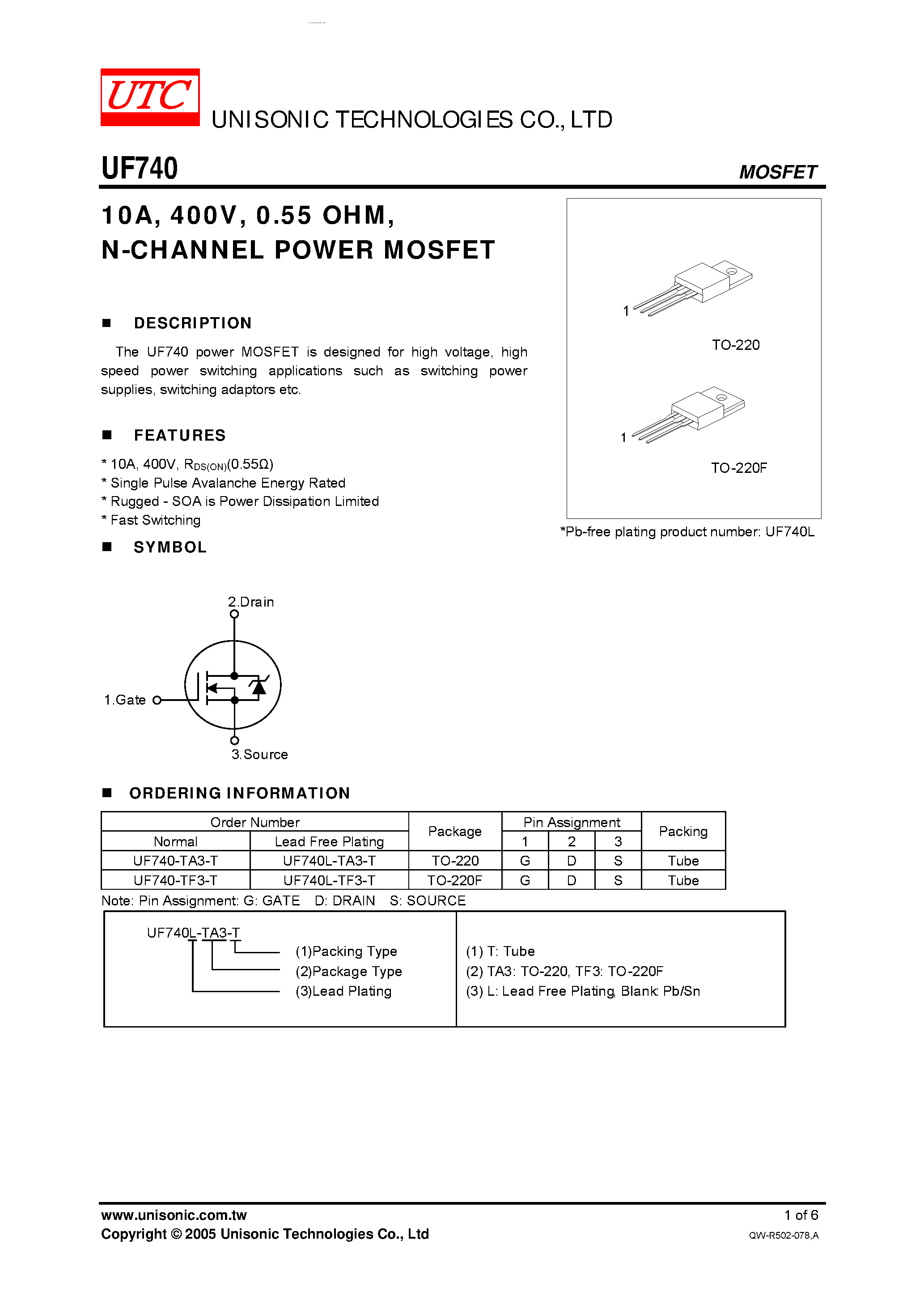 Даташит UF740 - N-CHANNEL POWER MOSFET страница 1