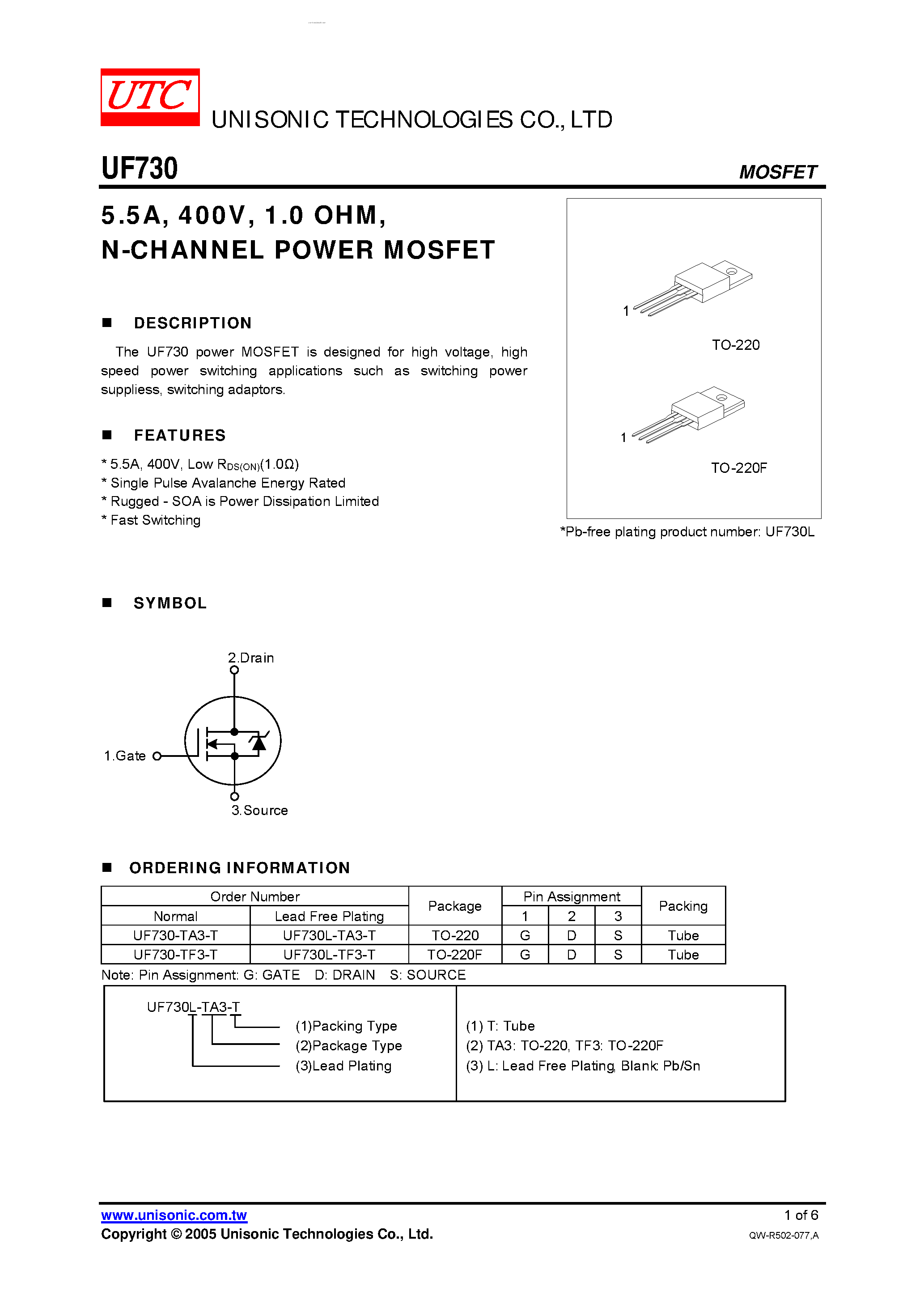 Даташит UF730 - N-CHANNEL POWER MOSFET страница 1