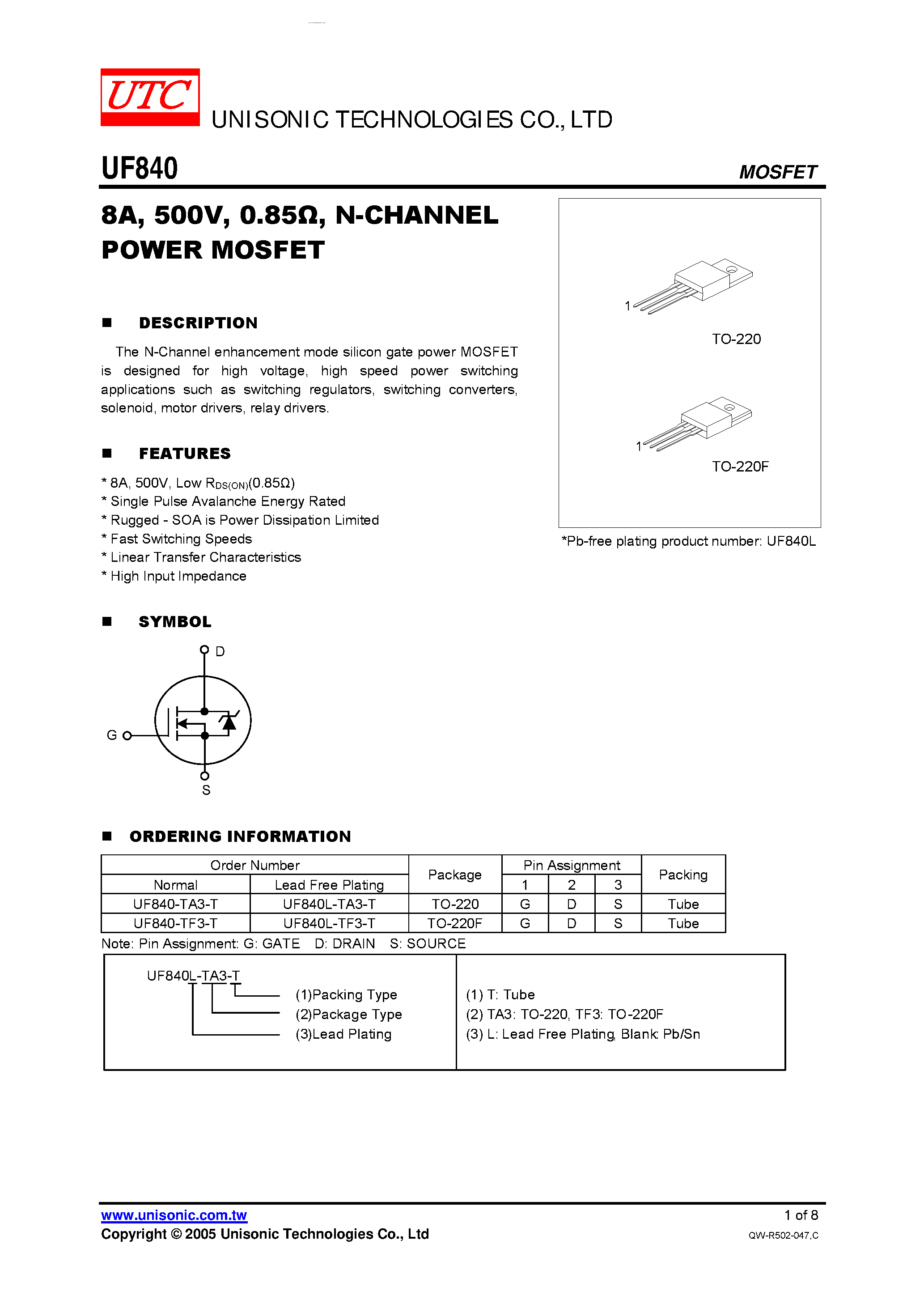 Даташит UF840 - N-CHANNEL POWER MOSFET страница 1