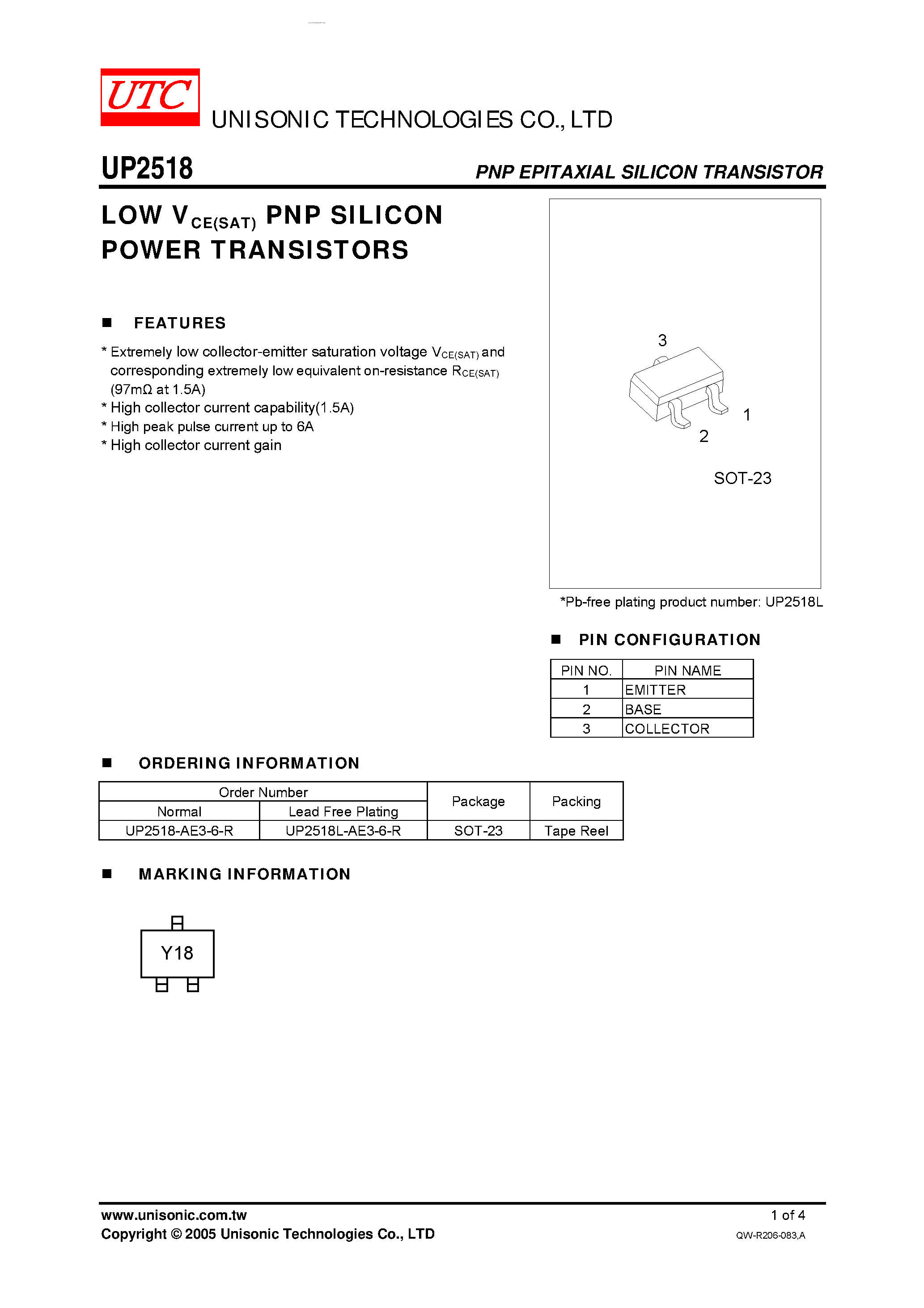 Даташит UP2518 - LOW VCE(SAT) PNP SILICON POWER TRANSISTORS страница 1