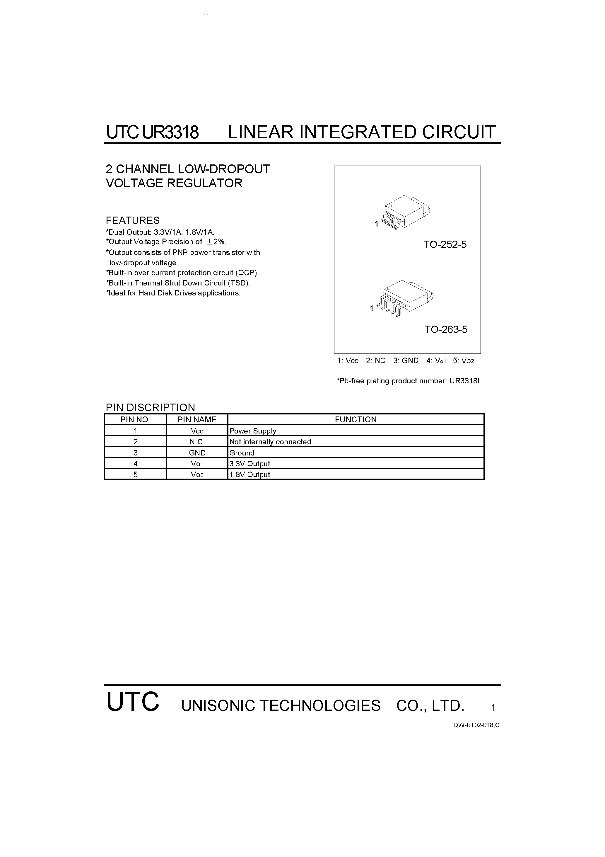 Даташит UR3318 - 2 CHANNEL LOW-DROPOUT VOLTAGE REGULATOR страница 1