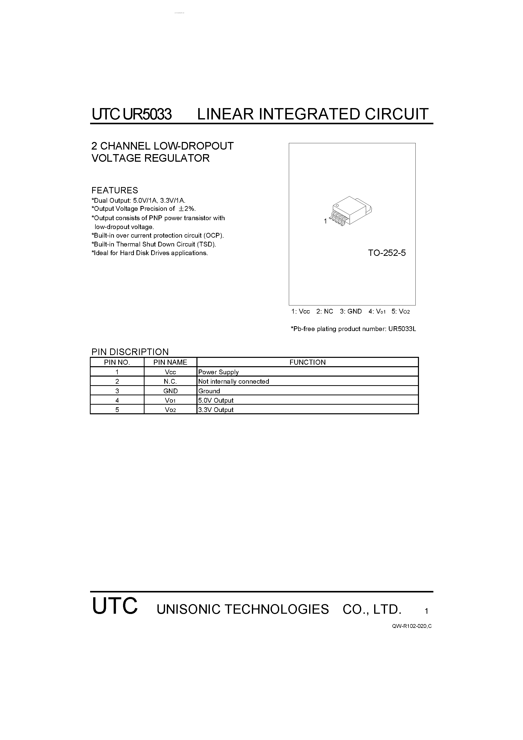 Даташит UR5033 - 2 CHANNEL LOW-DROPOUT VOLTAGE REGULATOR страница 1