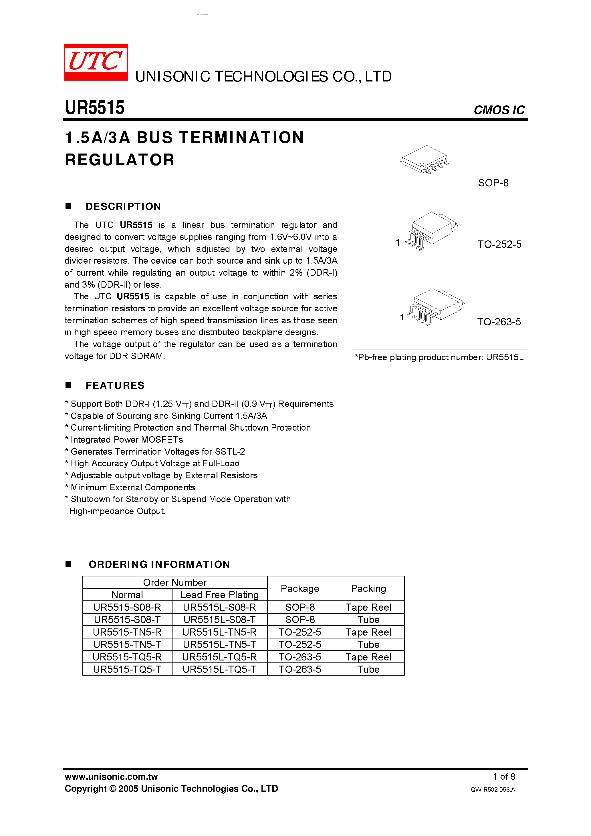 Даташит UR5515 - 1.5A/3A BUS TERMINATION REGULATOR страница 1