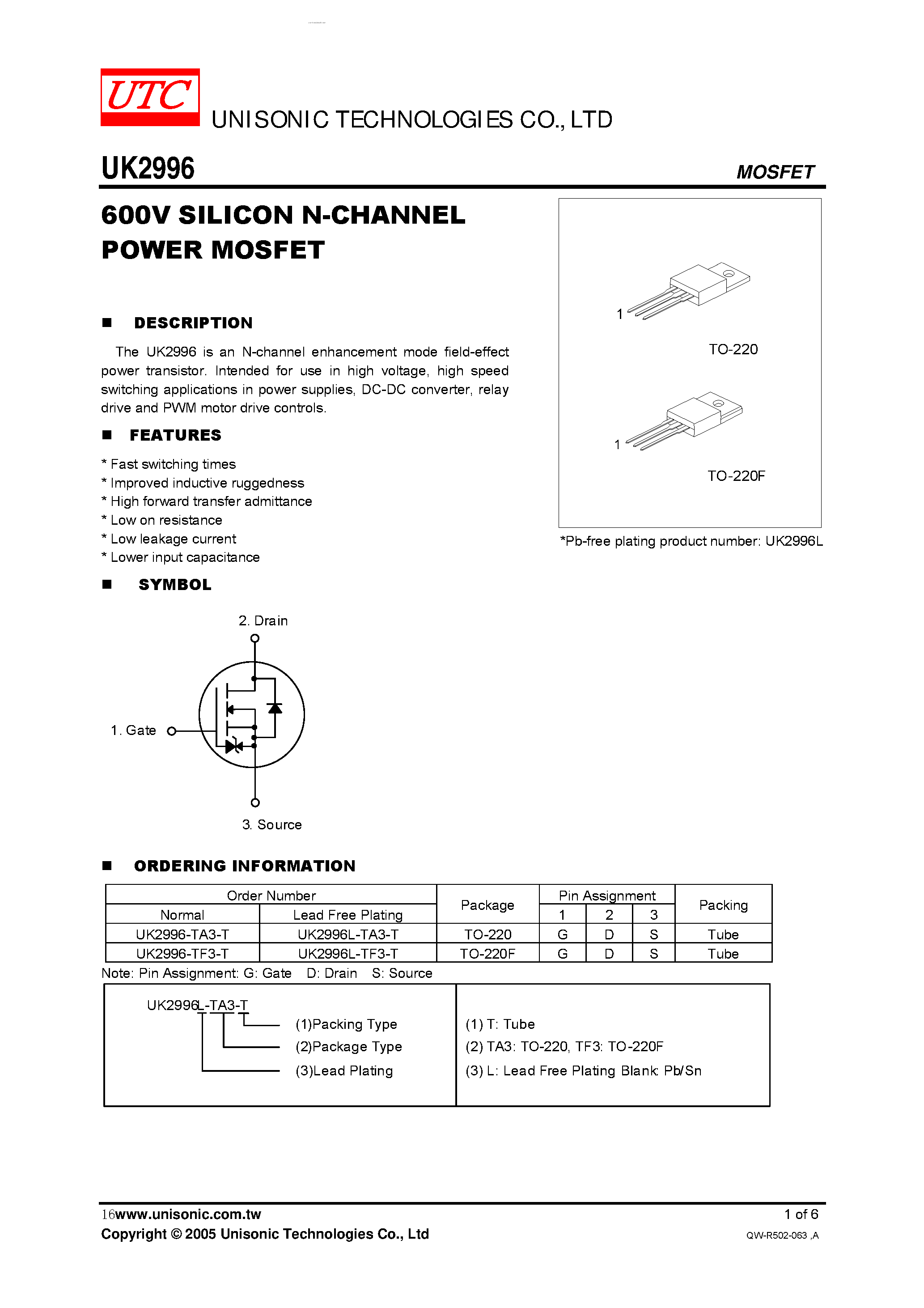 Даташит UK2996 - SILICON N-CHANNEL POWER MOSFET страница 1