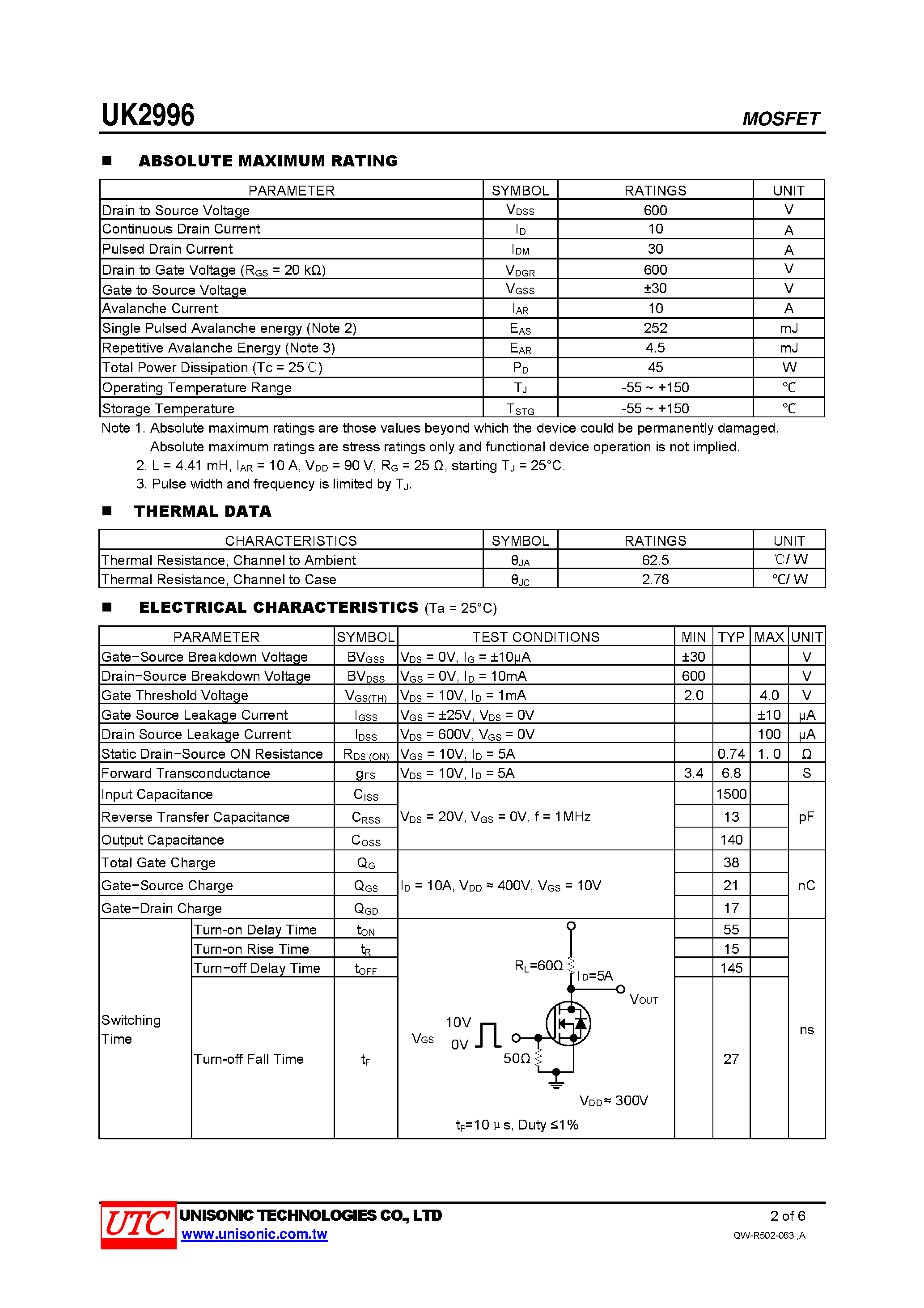 Даташит UK2996 - SILICON N-CHANNEL POWER MOSFET страница 2