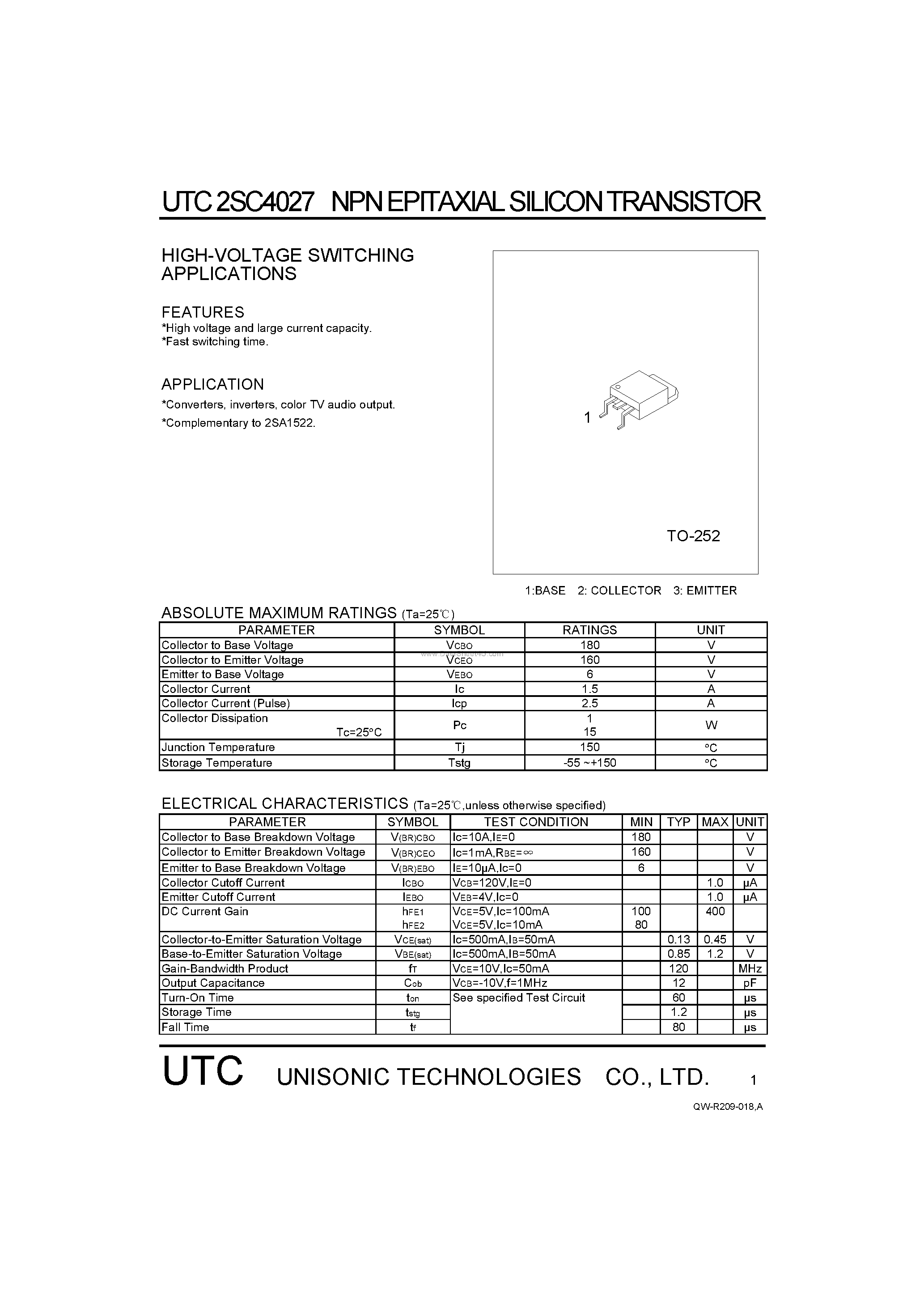 Datasheet 2SC4027 - HIGH-VOLTAGE SWITCHING APPLICATIONS page 1