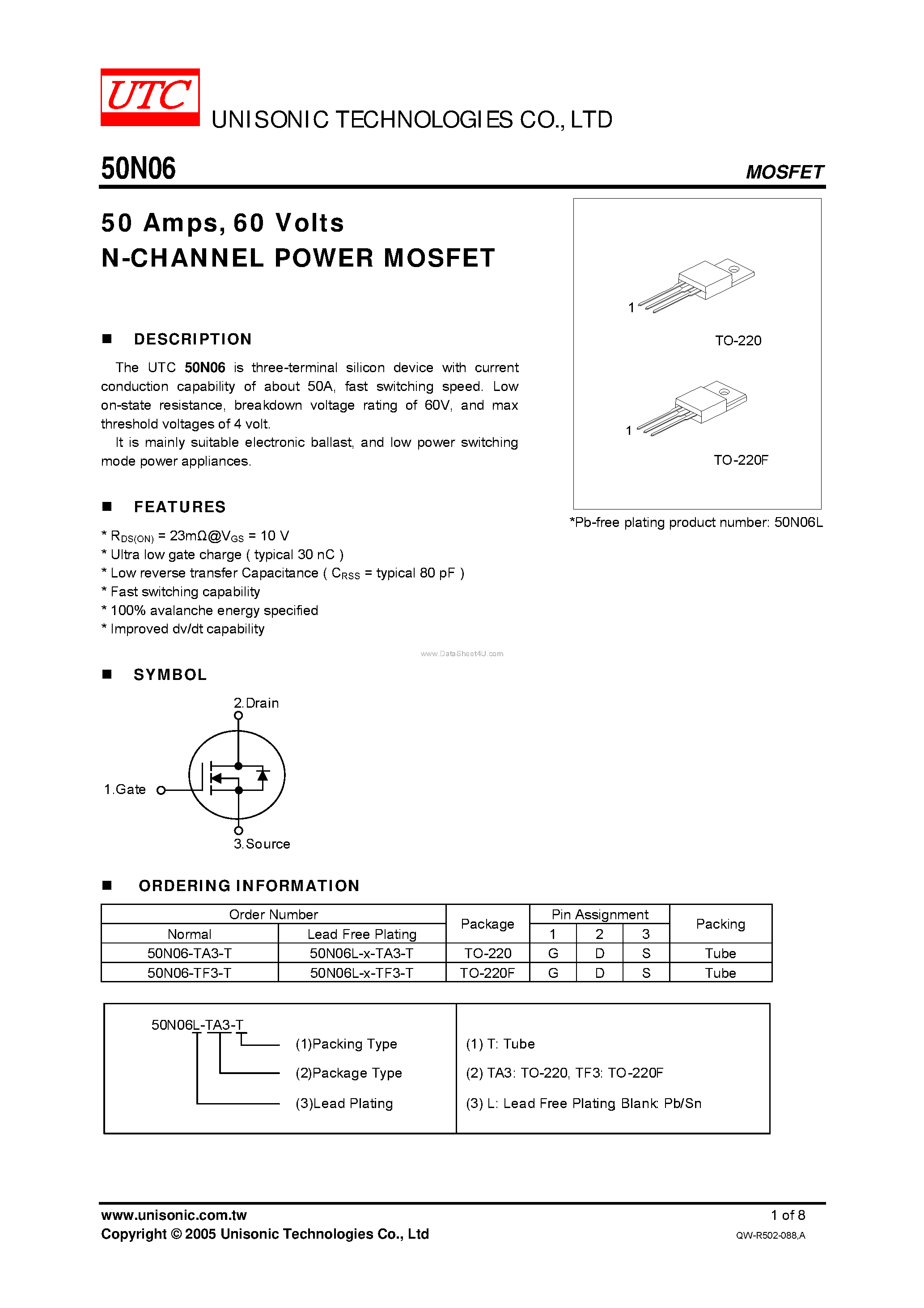 Даташит 50N06 - N-CHANNEL POWER MOSFET страница 1