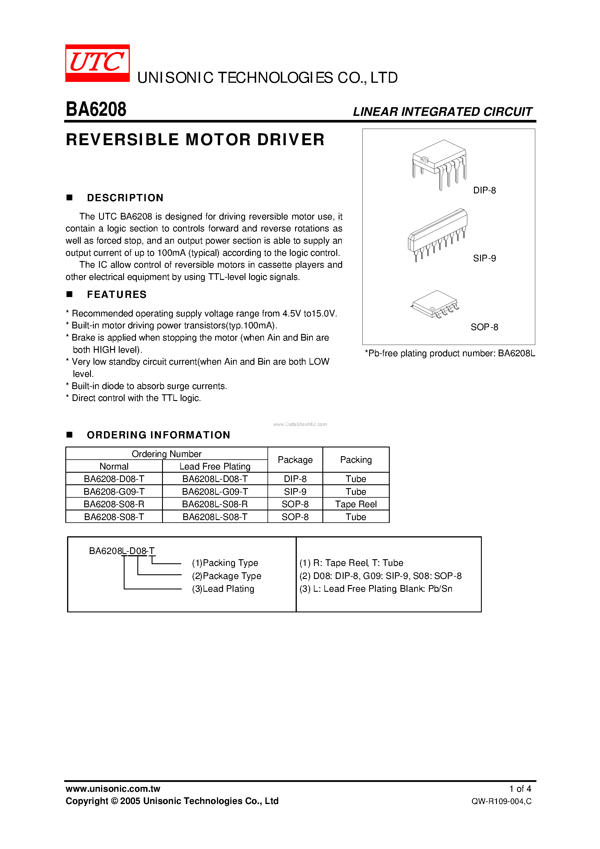 BA6208 Даташит UTC Техническое Описание Радиодетали, REVERSIBLE.