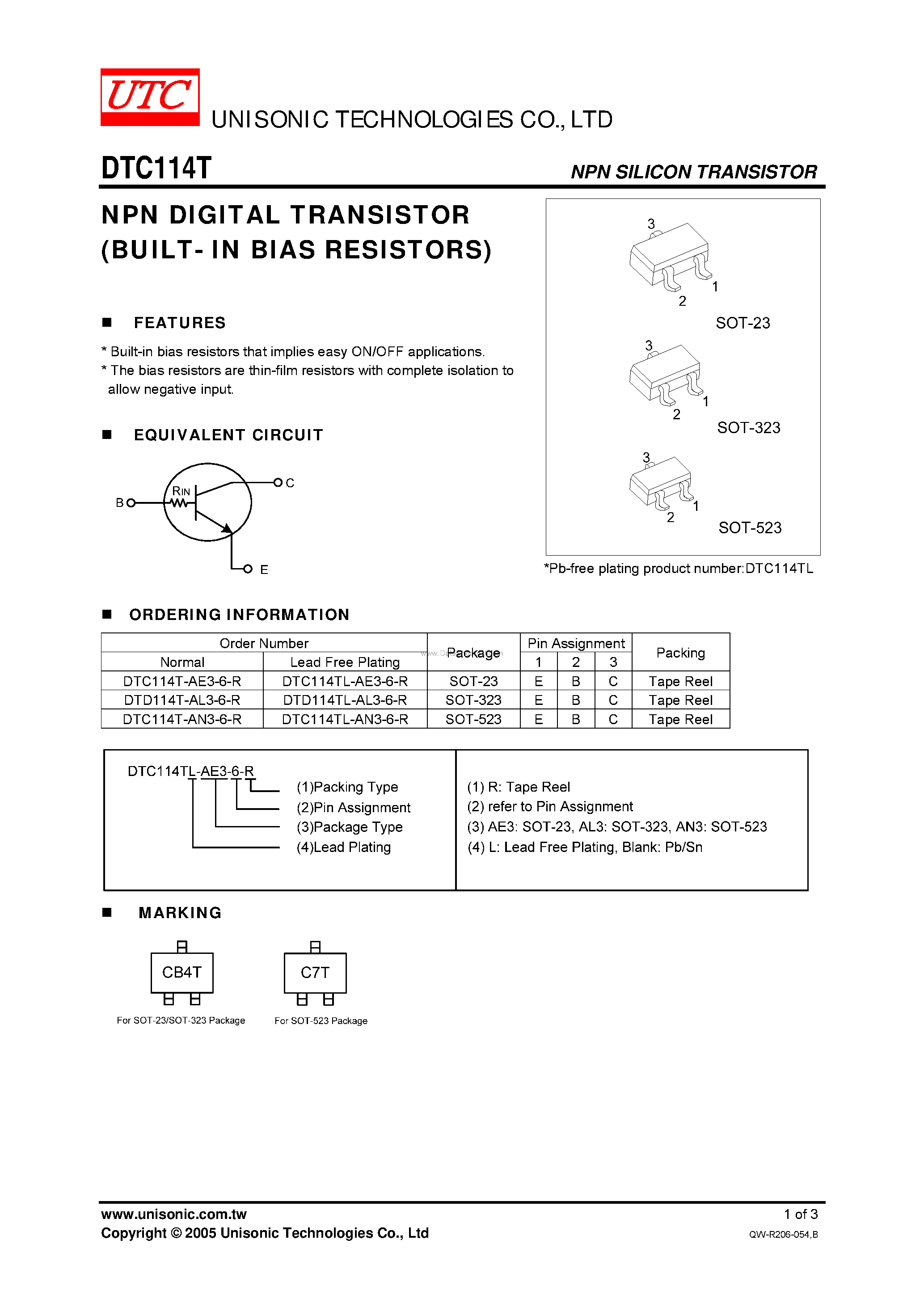 Даташит DTC114T - NPN DIGITAL TRANSISTOR NPN DIGITAL TRANSISTOR страница 1