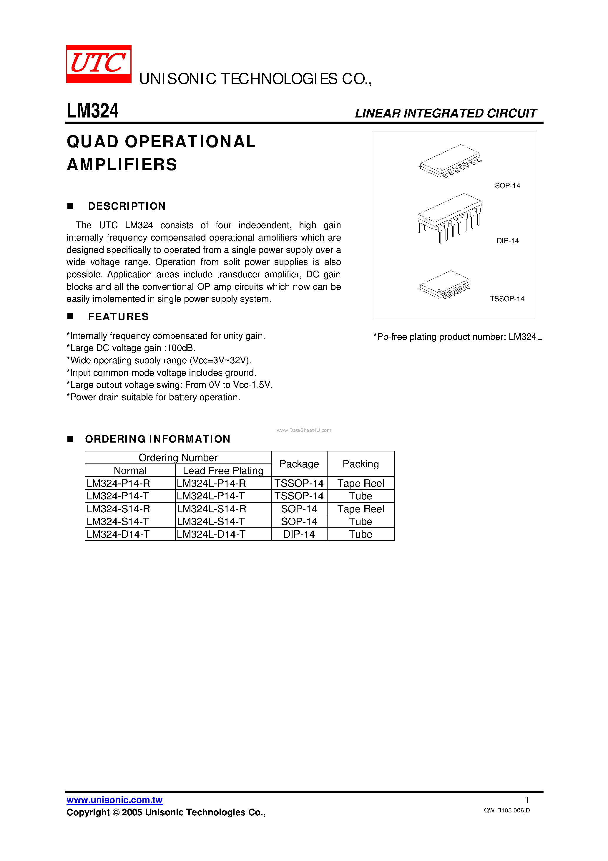 Datasheet LM324 - QUAD OPERATIONAL AMPLIFIERS page 1