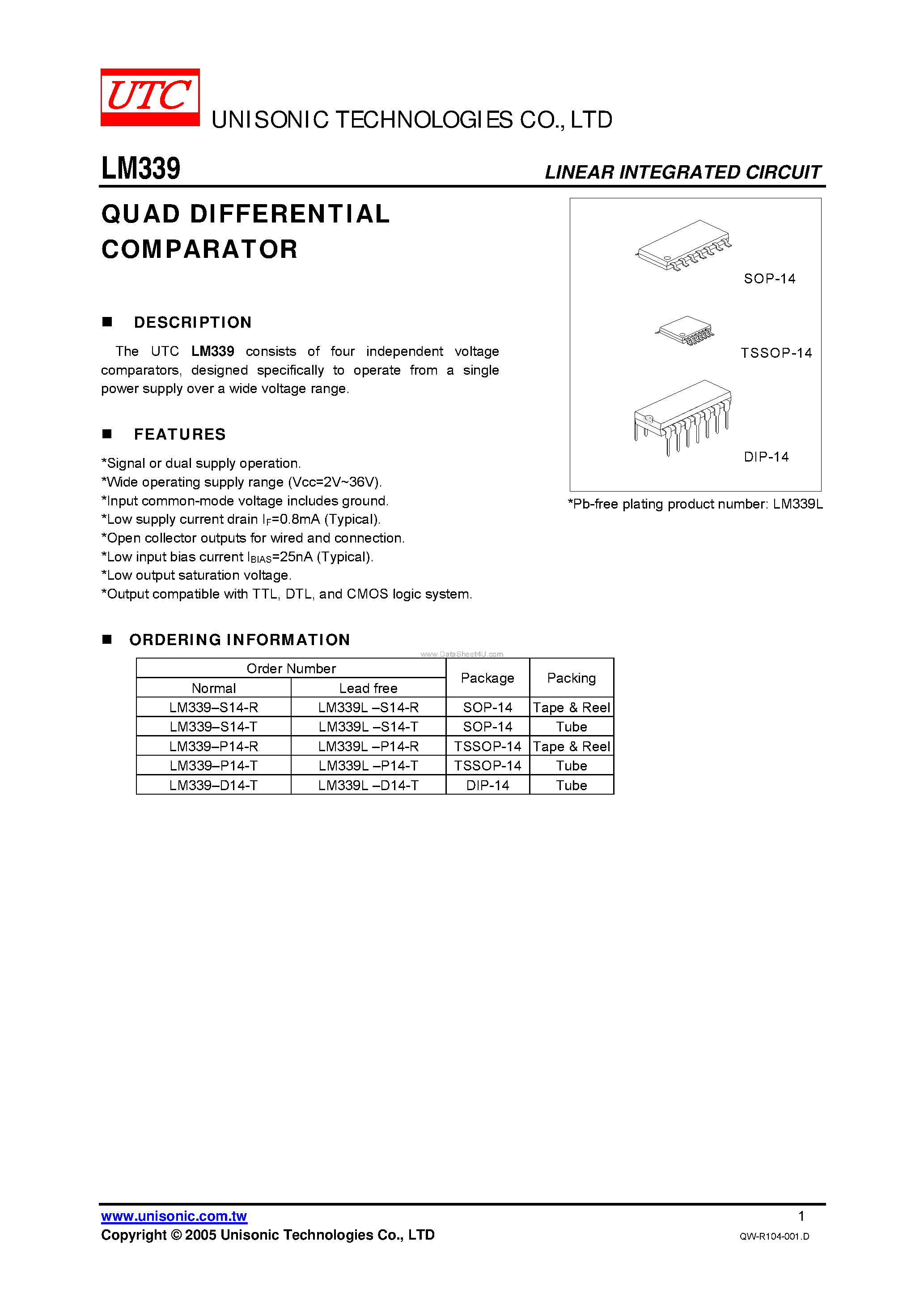 Datasheet LM339 - QUAD DIFFERENTIAL COMPARATOR page 1