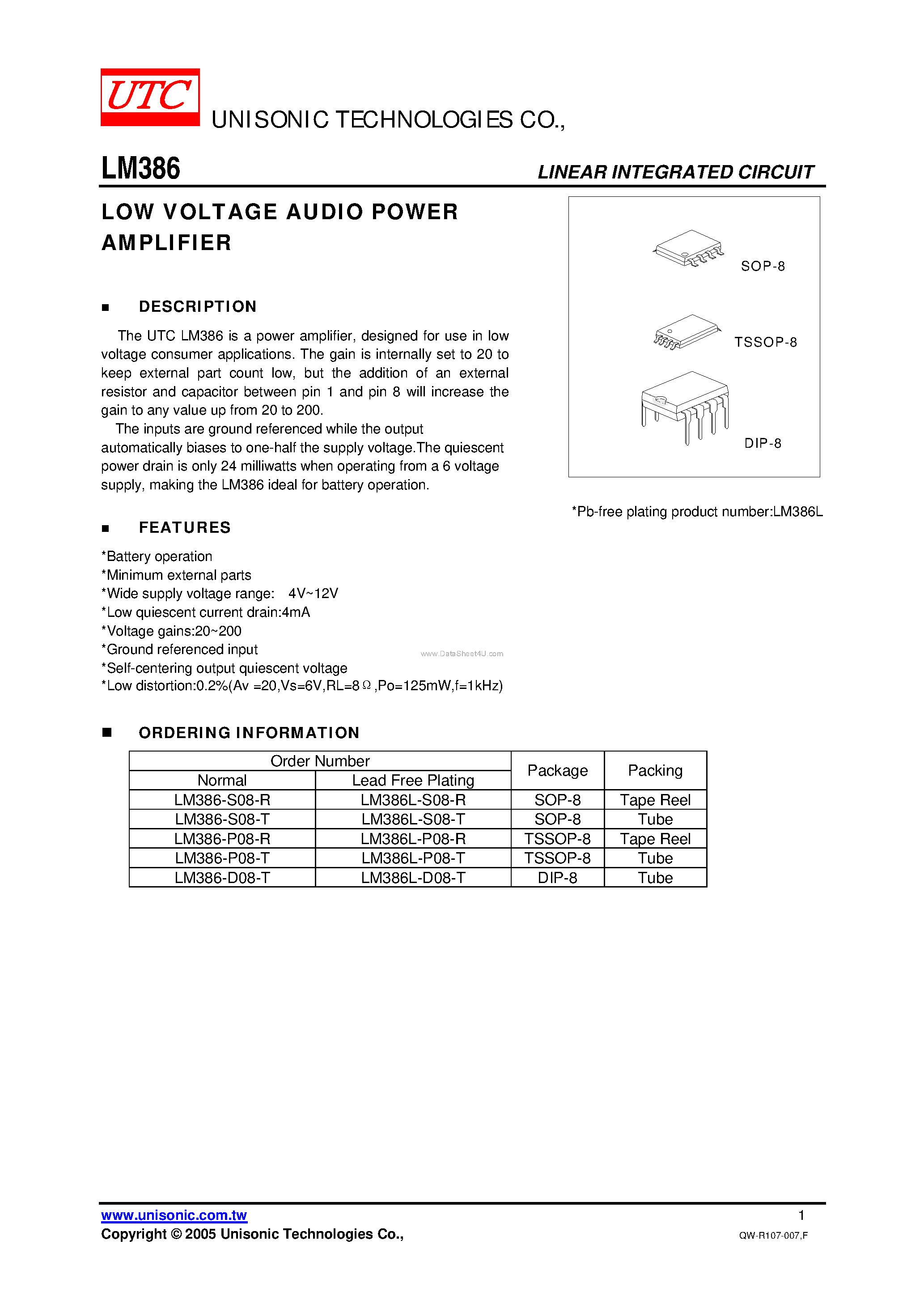 Даташит LM386 - LOW VOLTAGE AUDIO POWER AMPLIFIER страница 1