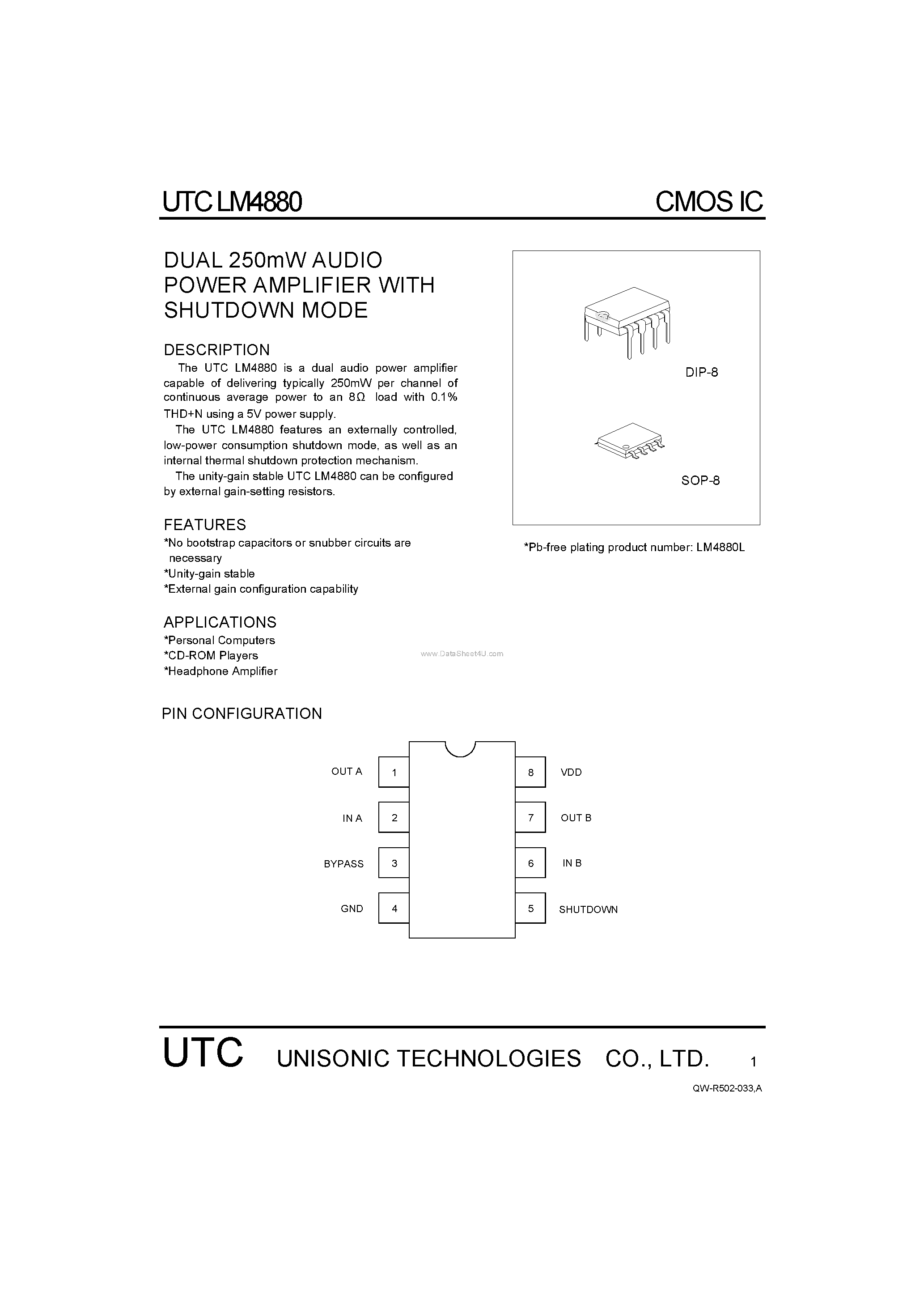 Даташит LM4880 - DUAL 250m W AUDIO POWER AMPLIFIER страница 1