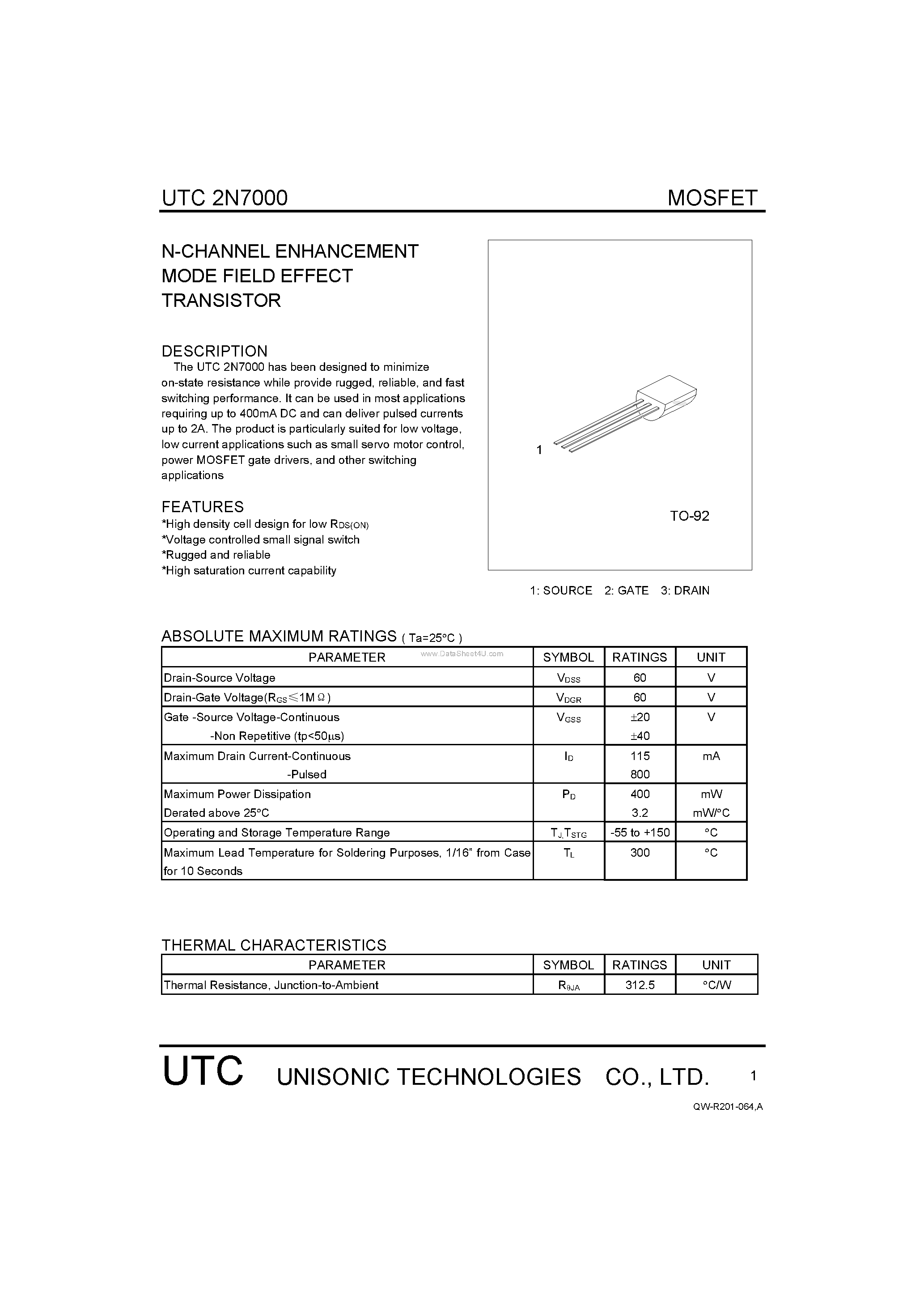 Даташит 2N7000 - N-CHANNEL ENHANCEMENT MODE FIELD EFFECT TRANSISTOR страница 1