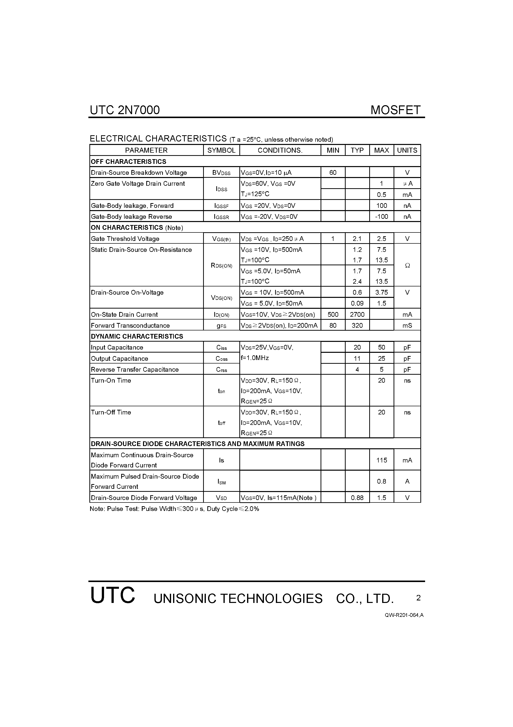 Даташит 2N7000 - N-CHANNEL ENHANCEMENT MODE FIELD EFFECT TRANSISTOR страница 2