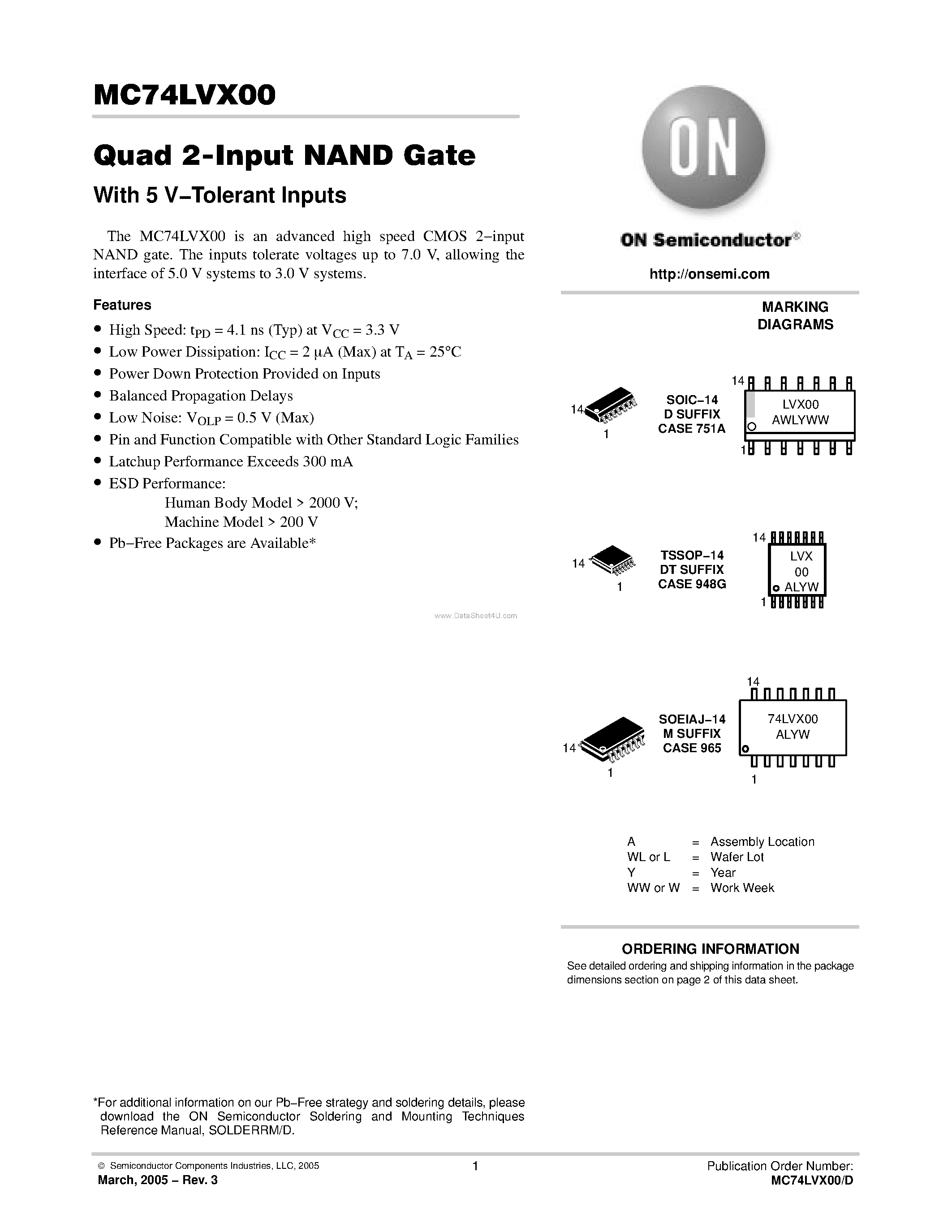 Даташит MC74LVX00 - Quad 2-Input NAND Gate страница 1