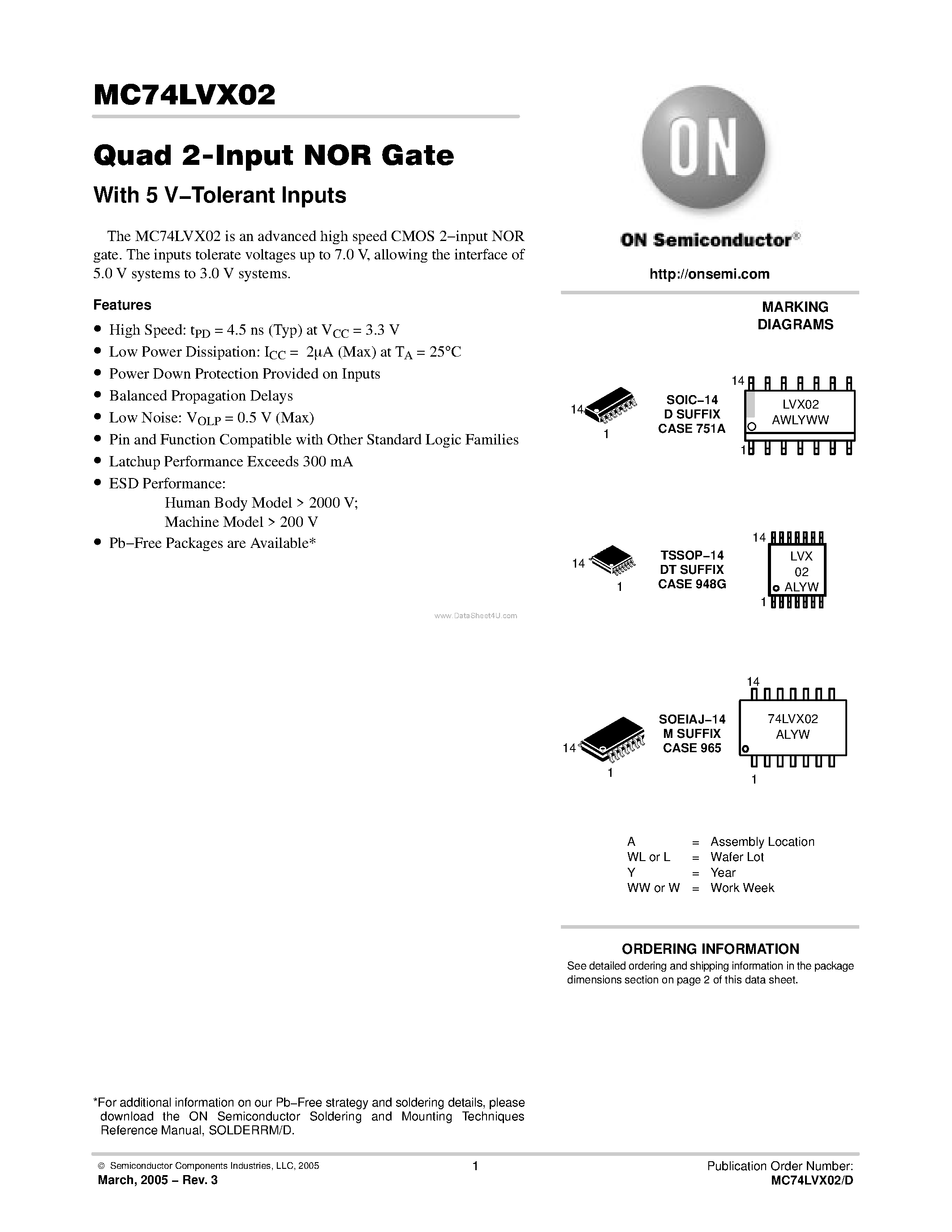 Даташит MC74LVX02 - Quad 2-Input NOR Gate страница 1