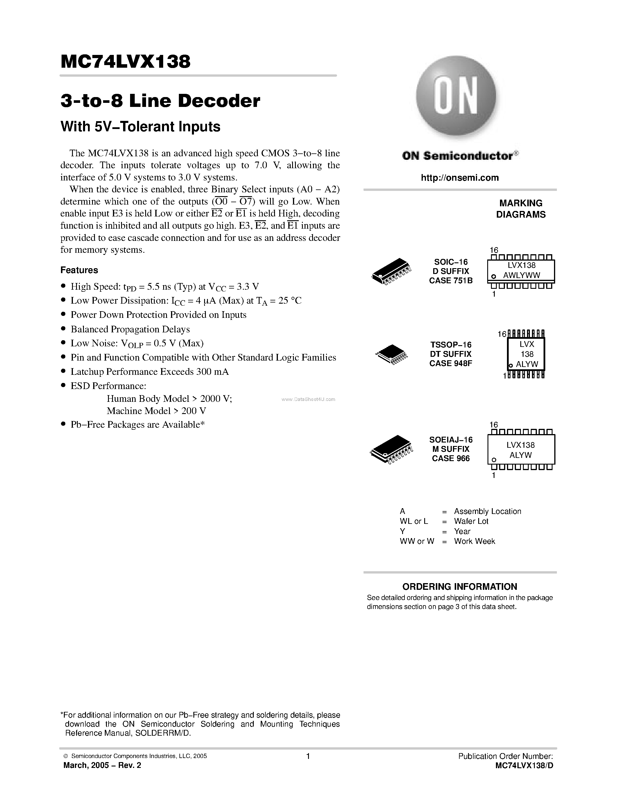 Даташит MC74LVX138 - 3-to-8 Line Decoder страница 1