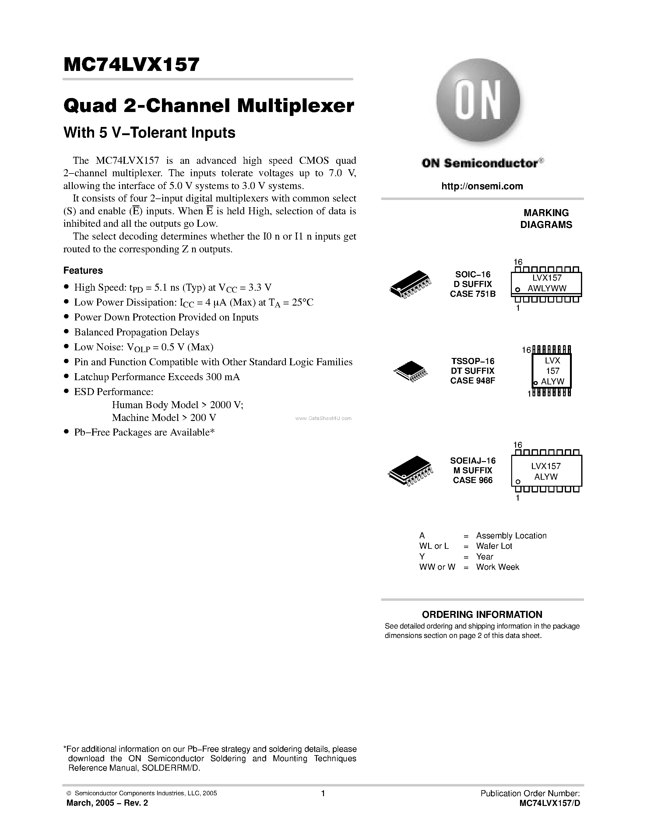 Даташит MC74LVX157 - Quad 2-Channel Multiplexe страница 1