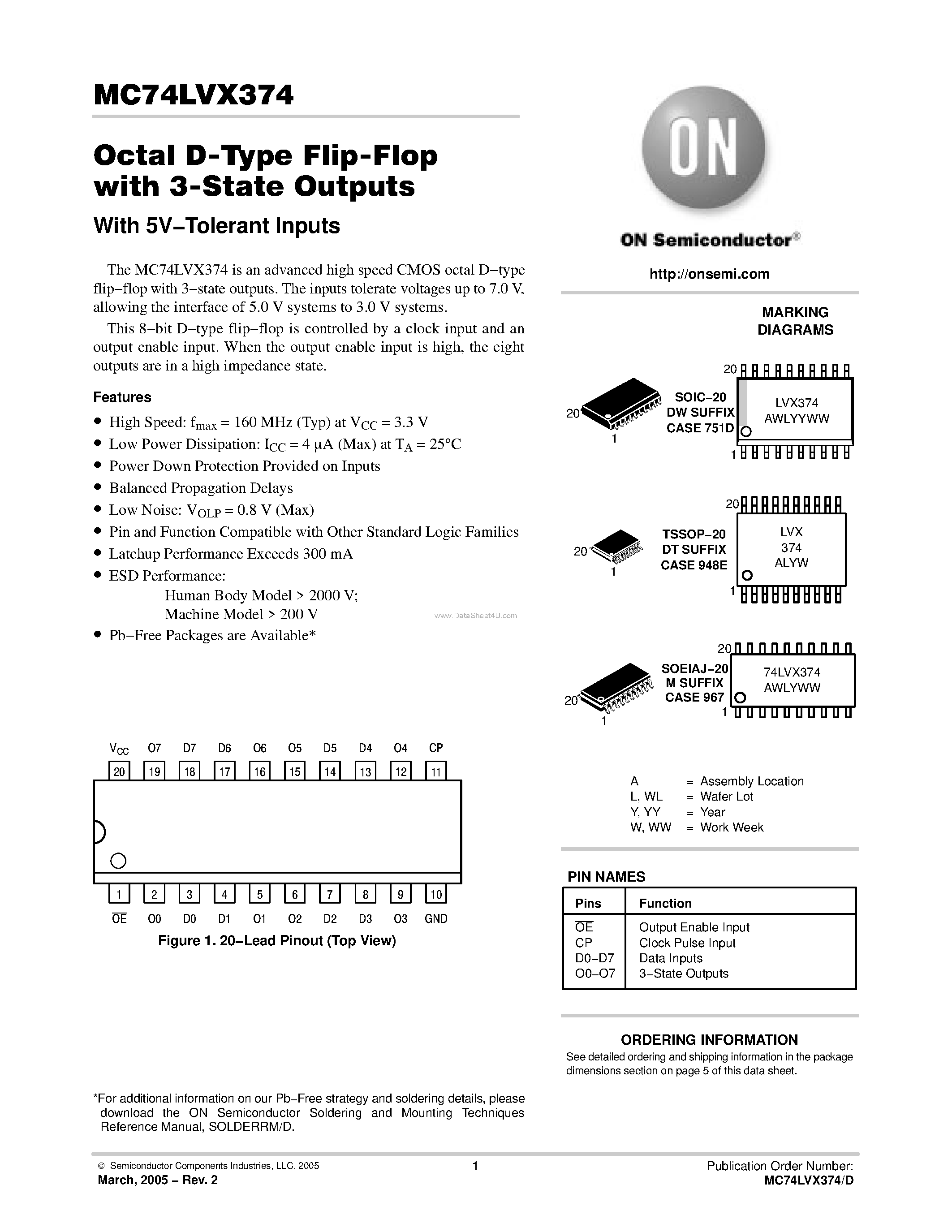 Даташит MC74LVX374 - Octal D-Type Flip-Flop страница 1