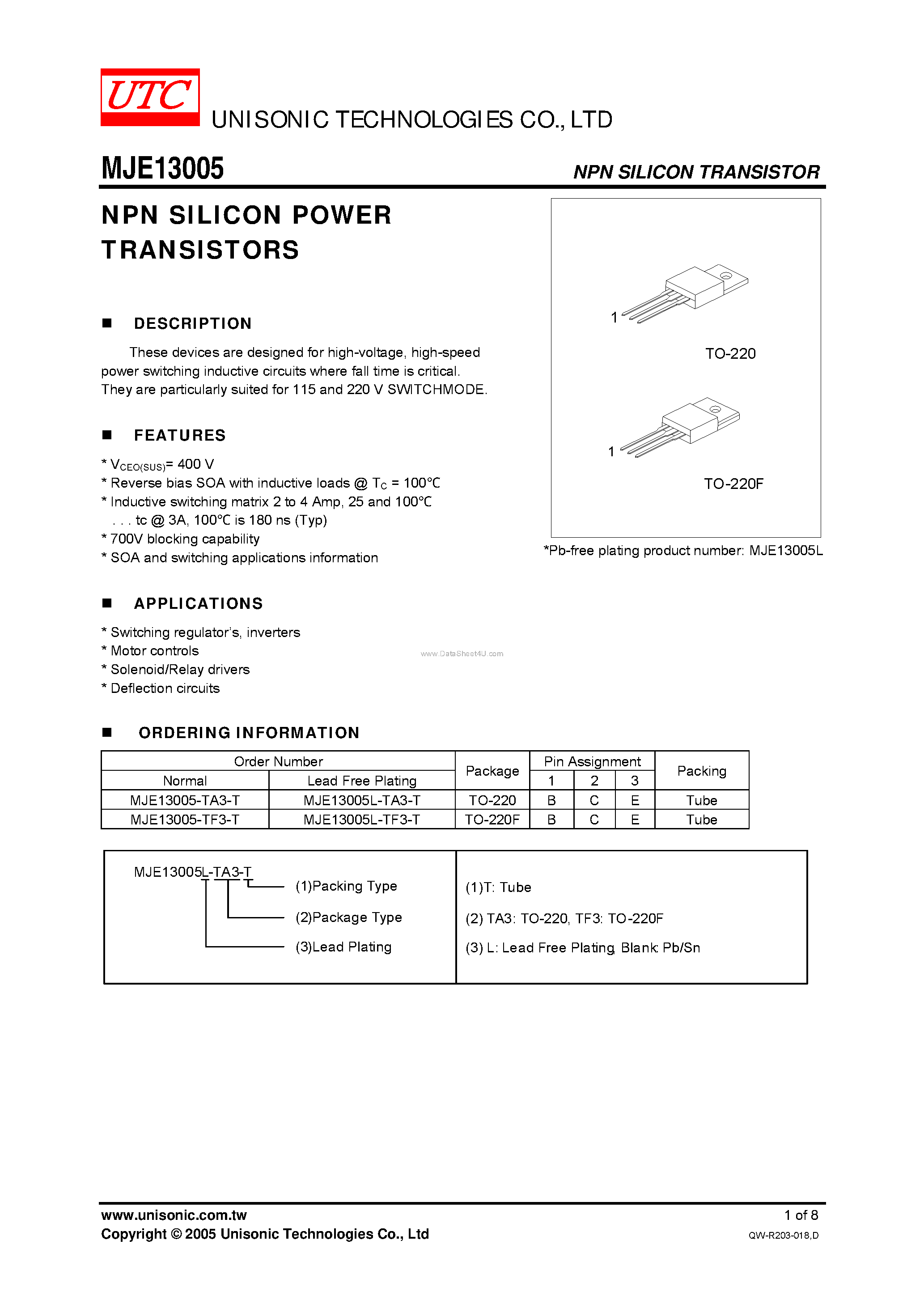 Datasheet MJE13005 - NPN SILICON POWER TRANSISTORS page 1