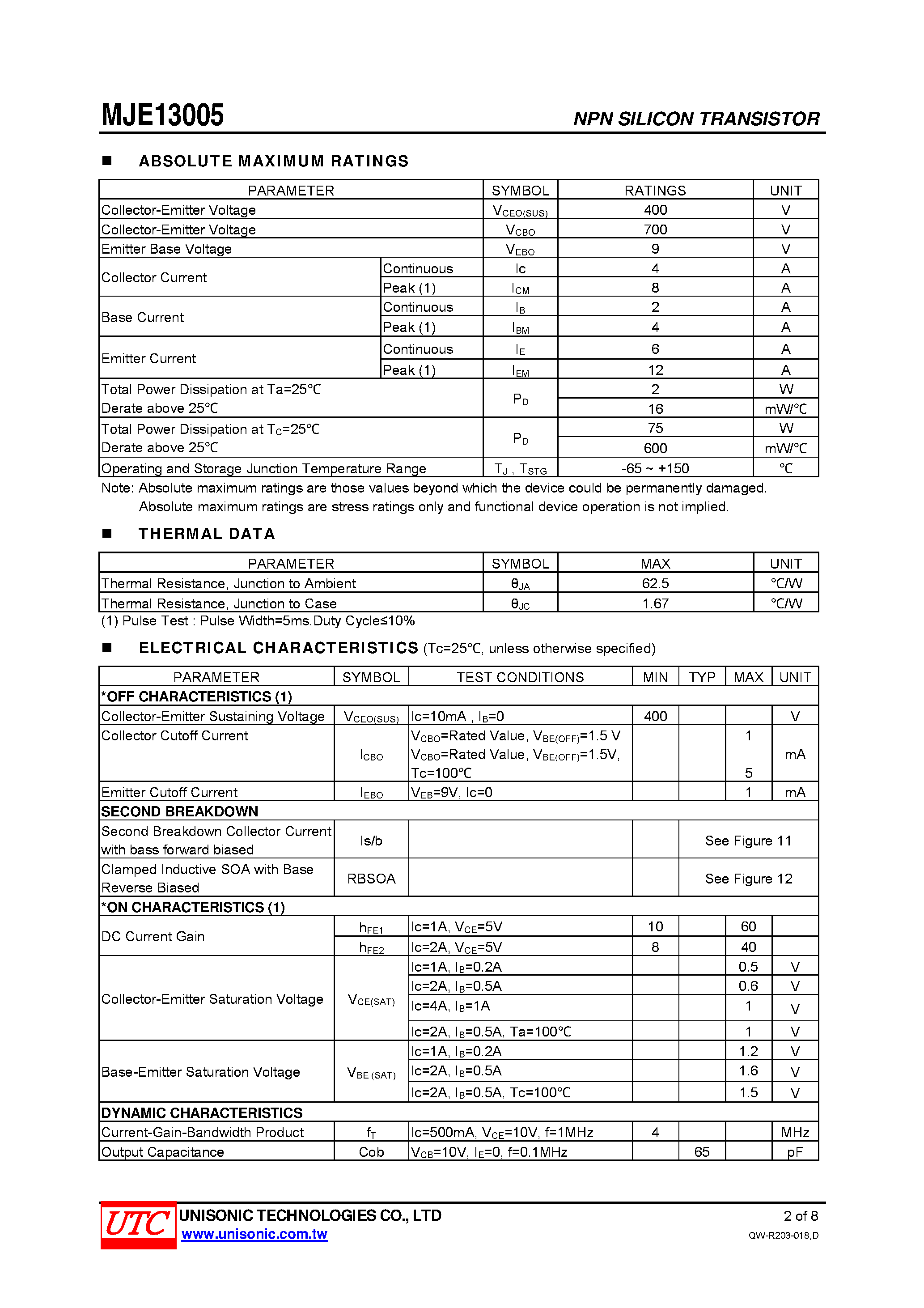 Datasheet MJE13005 - NPN SILICON POWER TRANSISTORS page 2