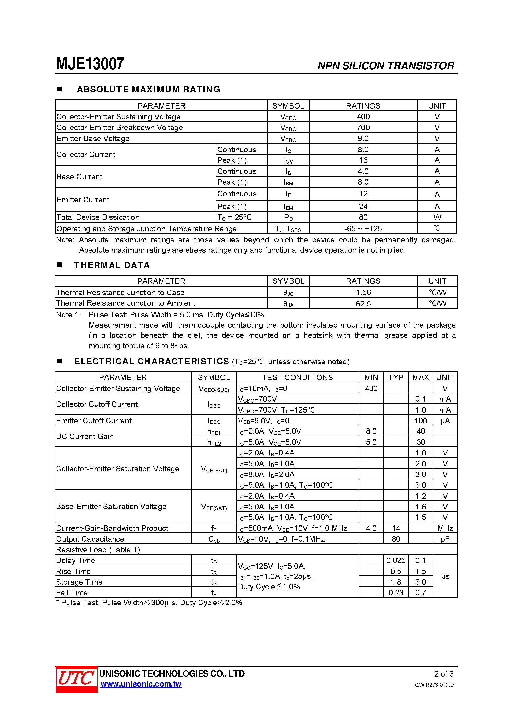 Даташит MJE13007 - NPN BIPOLAR POWER TRANSISTOR страница 2