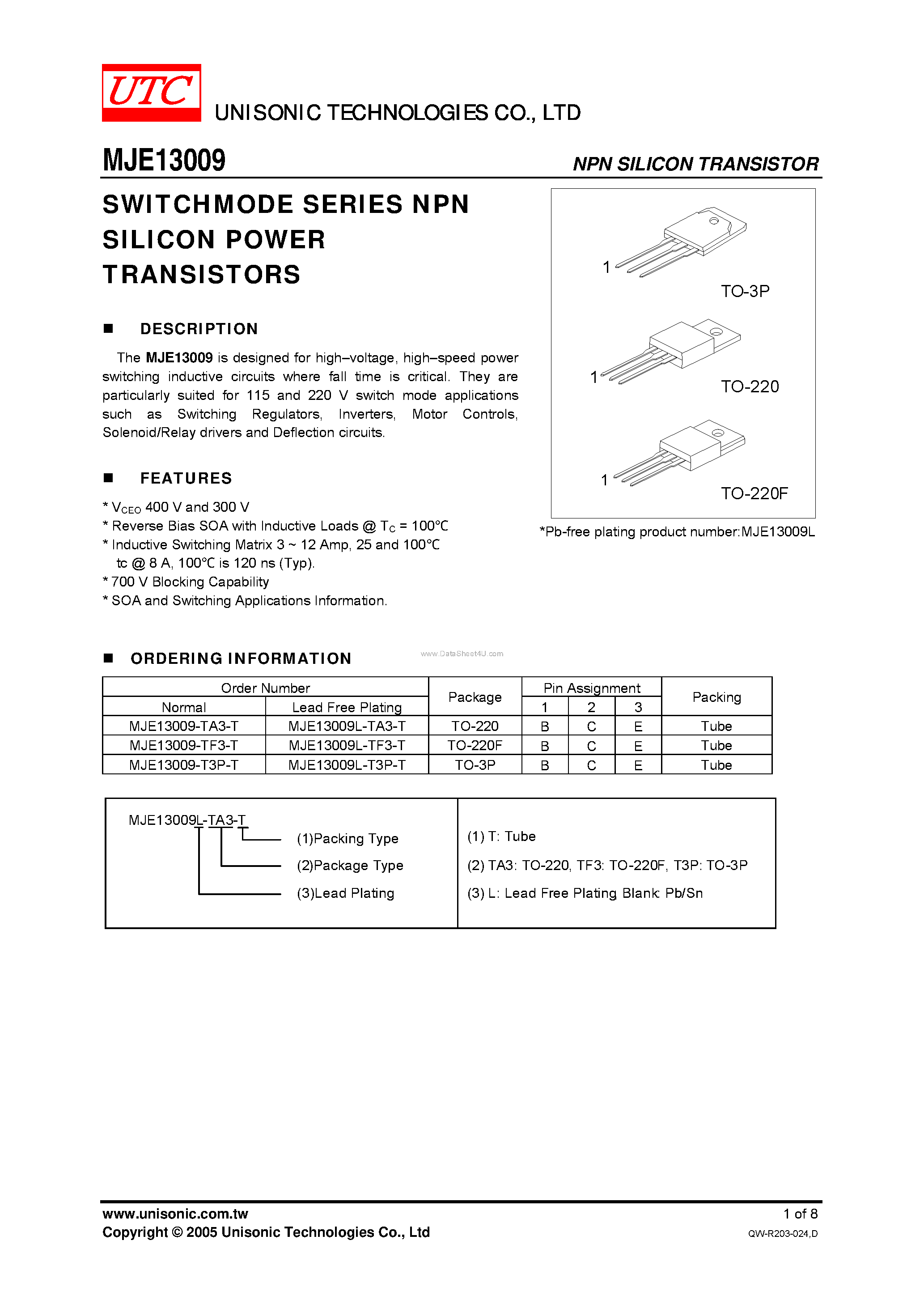 Даташит MJE13009 - SWITCHMODE SERIES NPN SWITCHMODE SERIES NPN TRANSISTORS страница 1