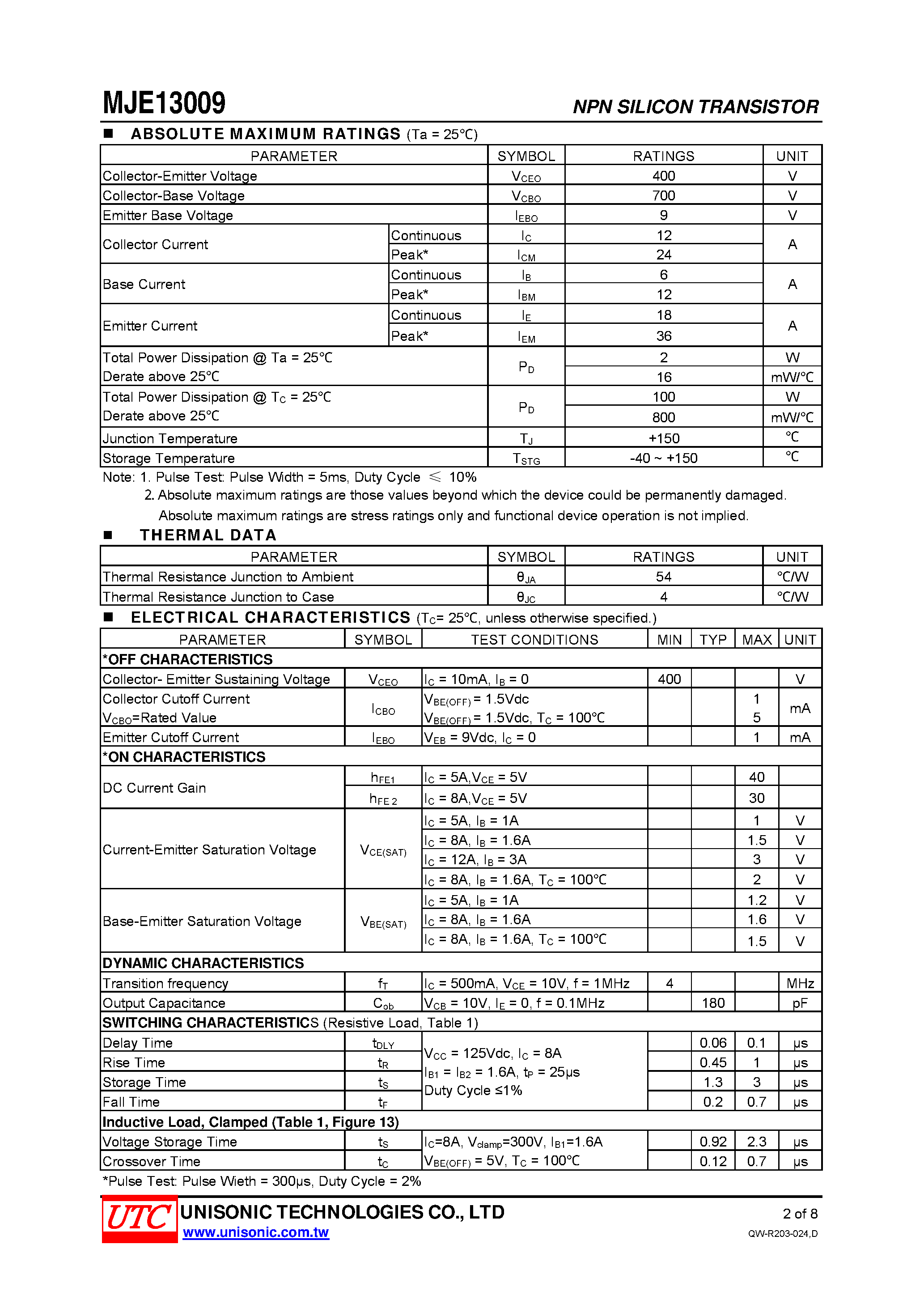 Даташит MJE13009 - SWITCHMODE SERIES NPN SWITCHMODE SERIES NPN TRANSISTORS страница 2