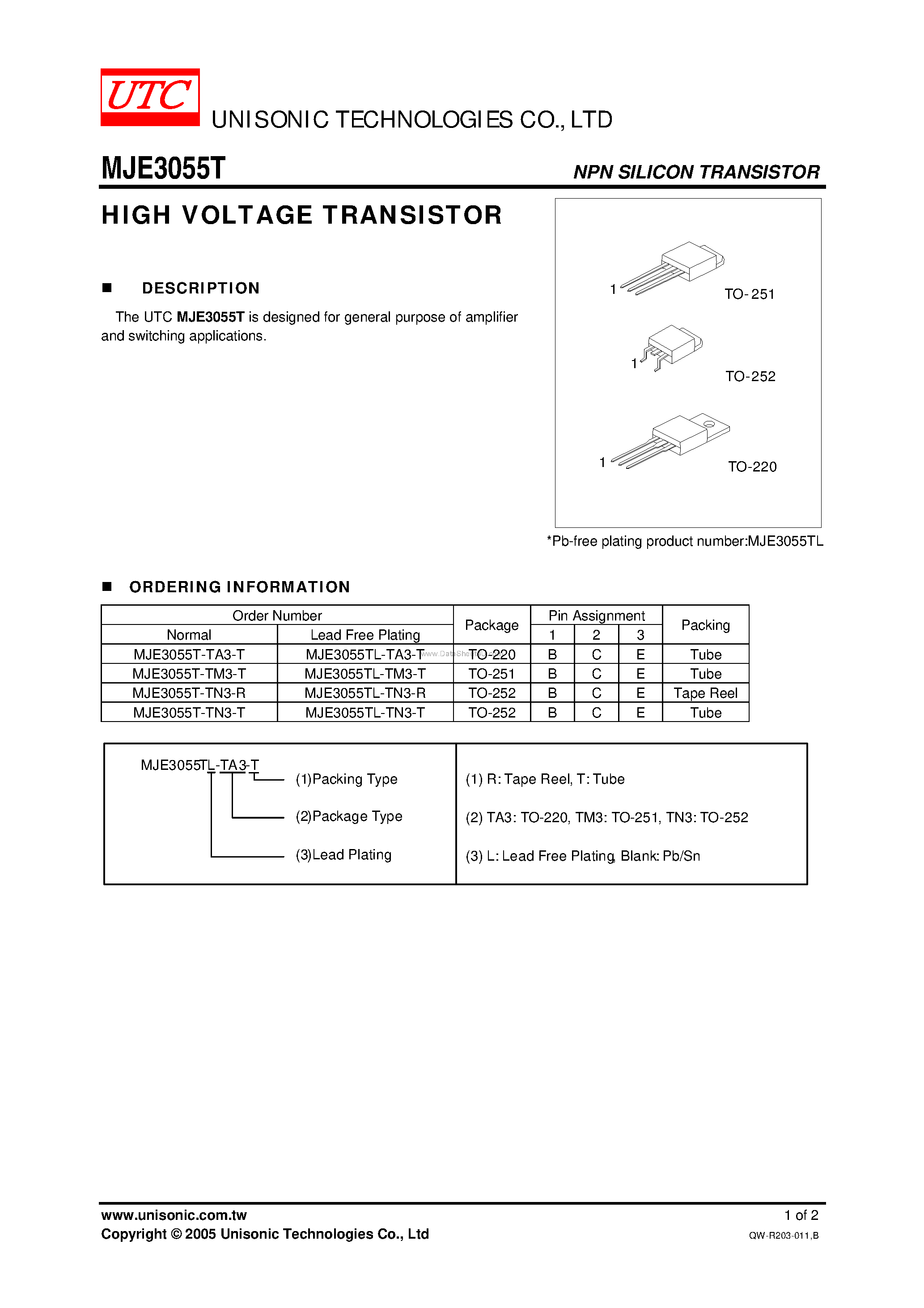 Даташит MJE3055T - HIGH VOLTAGE TRANSISTOR страница 1