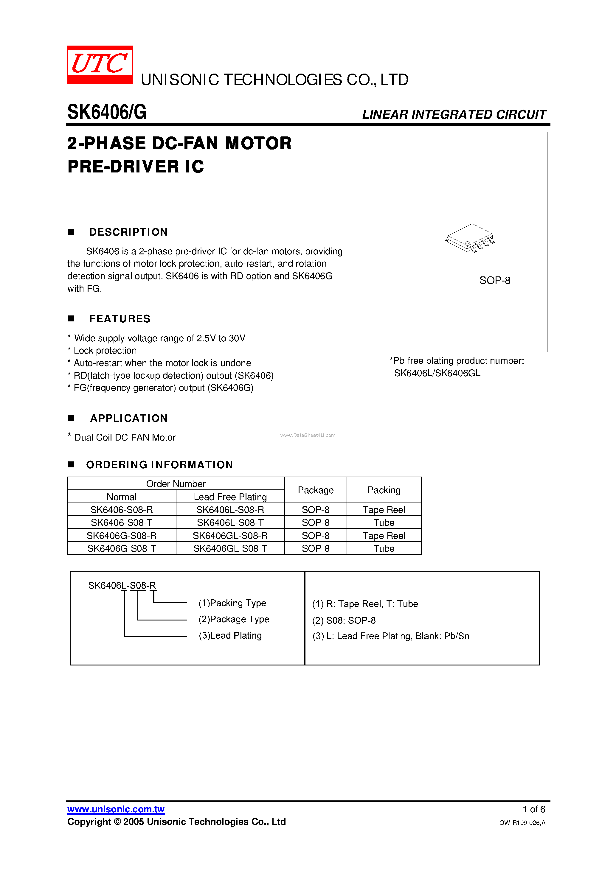 Даташит SK6406 - 2-PHASE DC-FAN MOTOR PRE-DRIVER IC страница 1