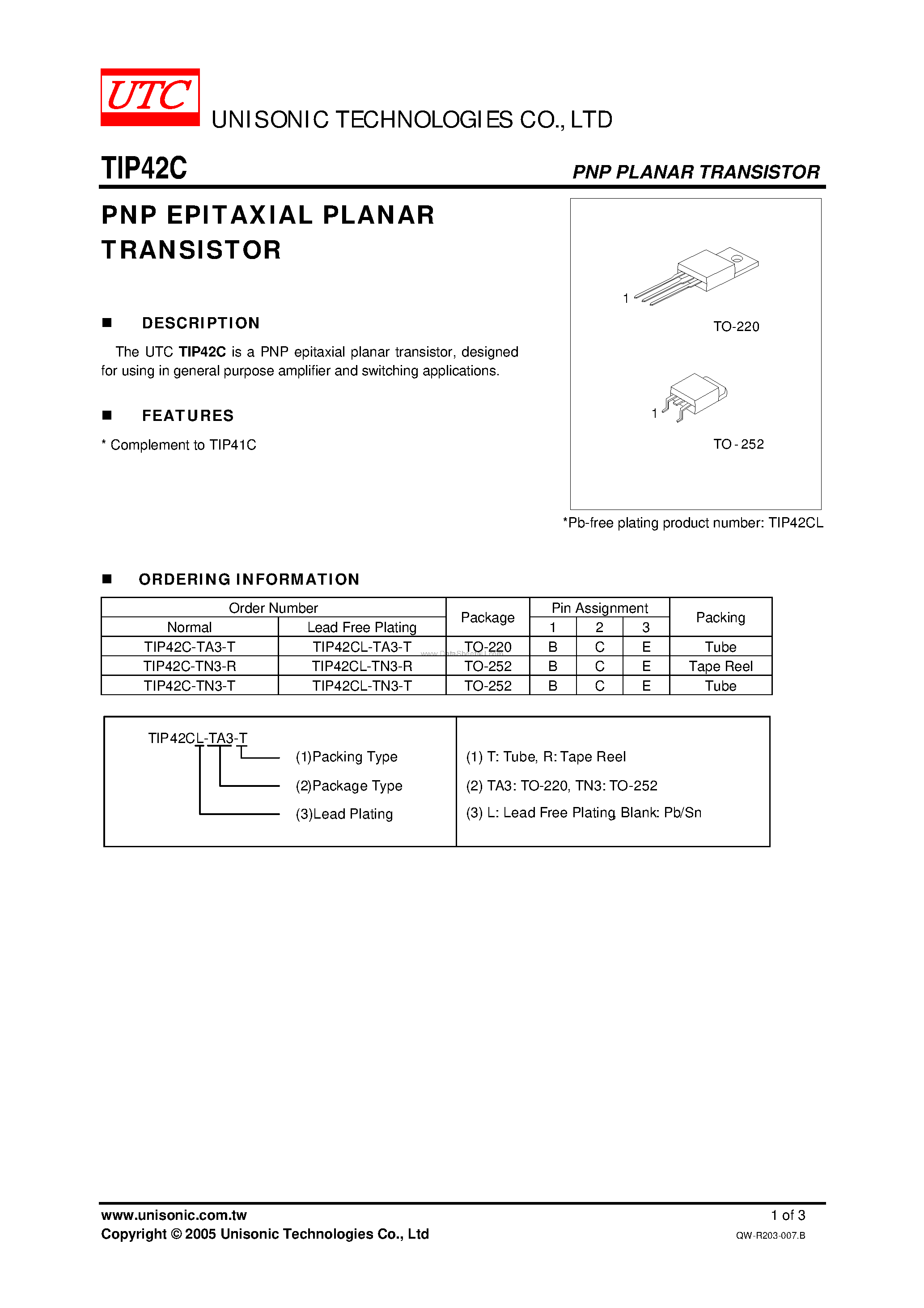 Даташит TIP42C - PNP EPITAXIAL PLANAR TRANSISTOR страница 1