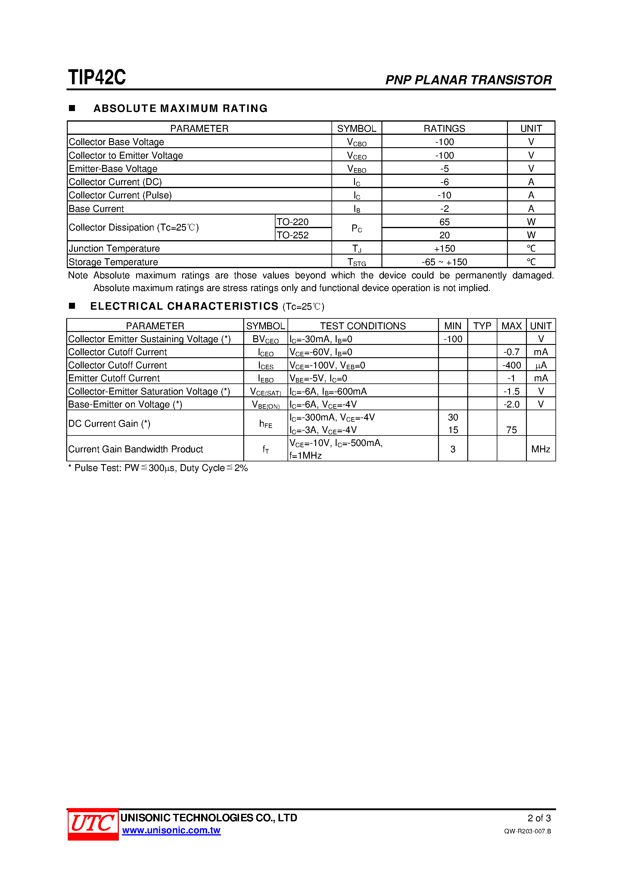 Даташит TIP42C - PNP EPITAXIAL PLANAR TRANSISTOR страница 2