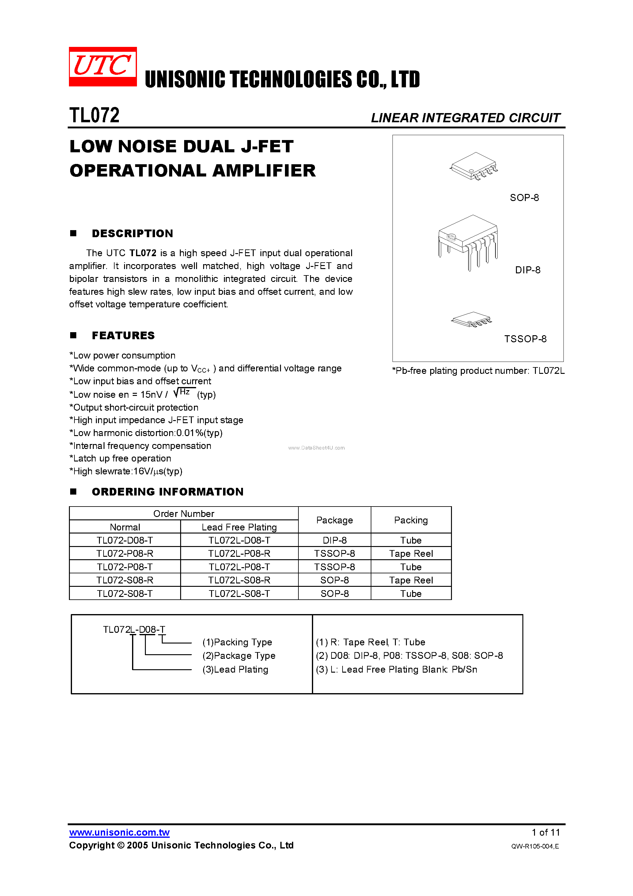 Datasheet TL072 - LOW NOISE DUAL J-FET OPERATIONAL AMPLIFIER page 1