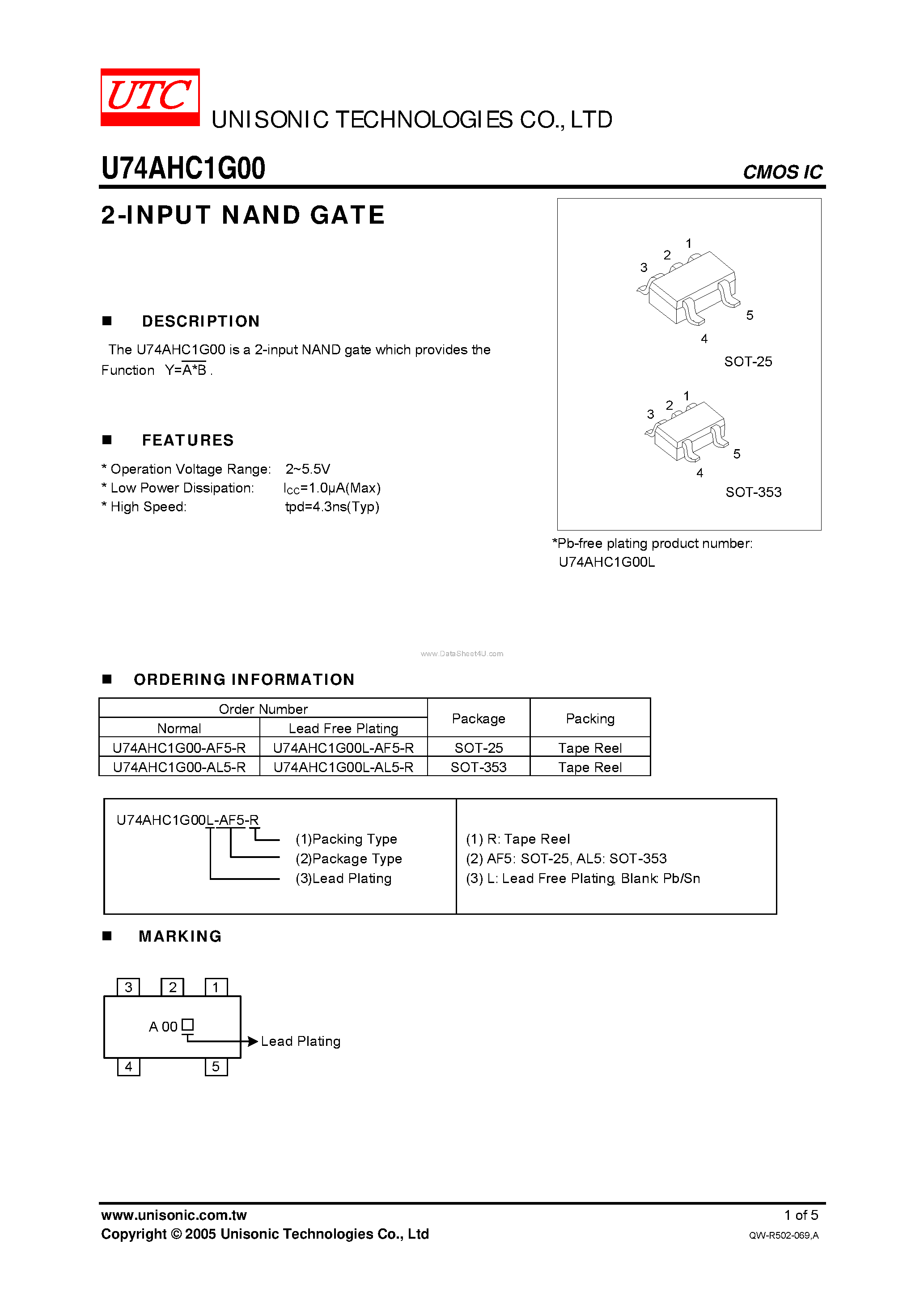 Даташит U74AHC1G00 - 2-INPUT NAND GATE страница 1