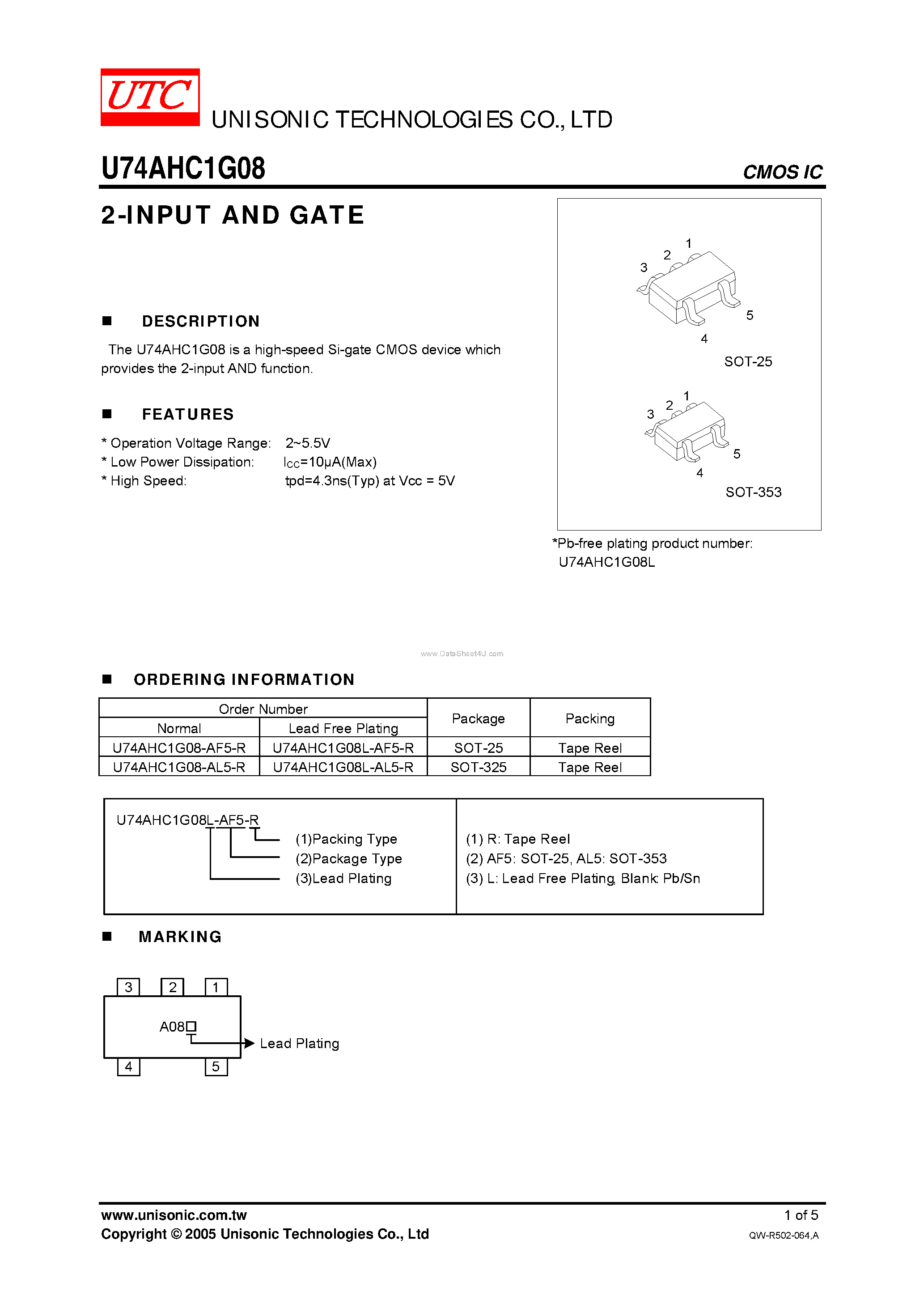 Даташит U74AHC1G08 - 2-INPUT AND GATE страница 1